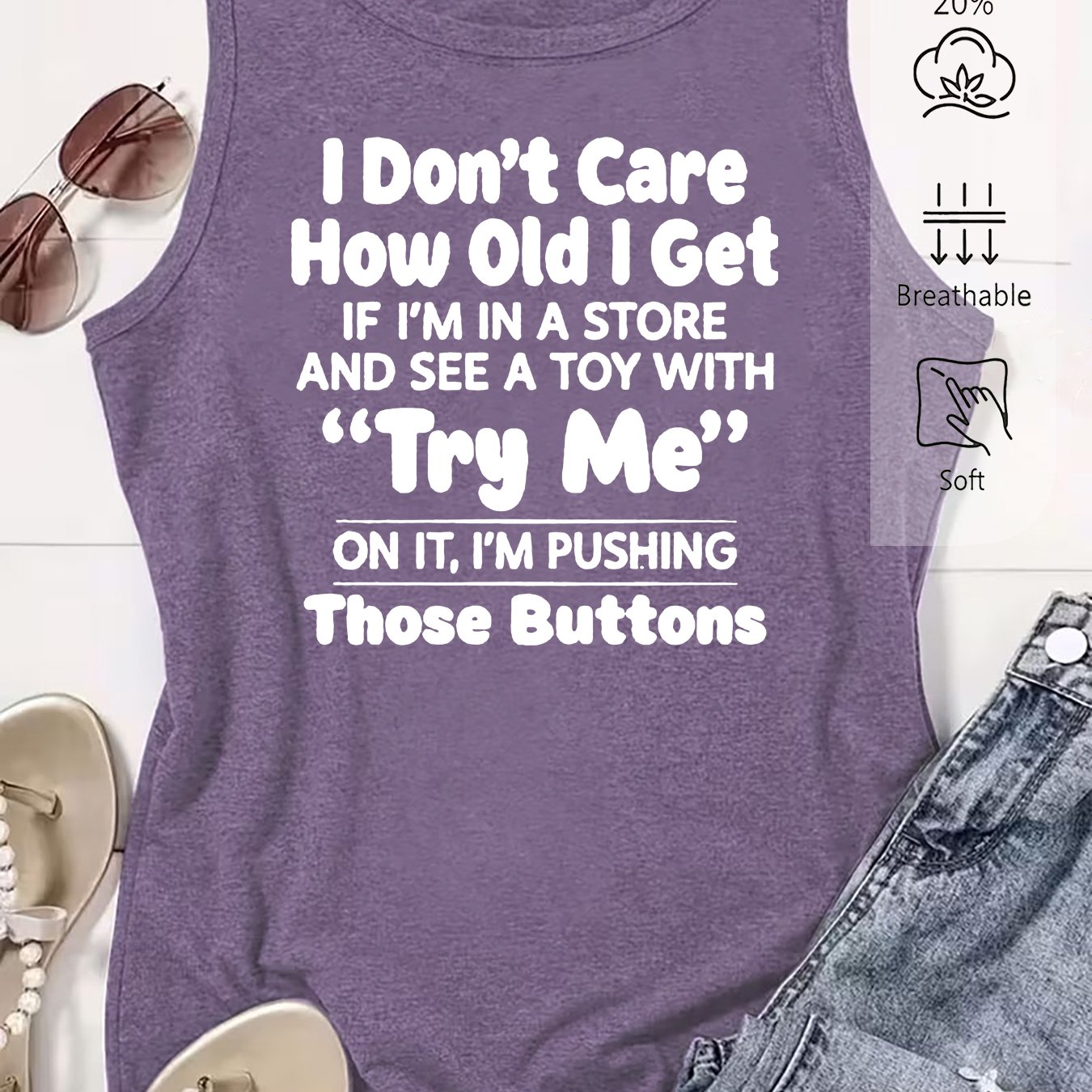 TEMU Women's Elegant Tank Top With "'t Care How Old I Get" Fun Text Print, Casual Loose Summer Vest, Stylish And Elegant Versatile Vintage-style Top