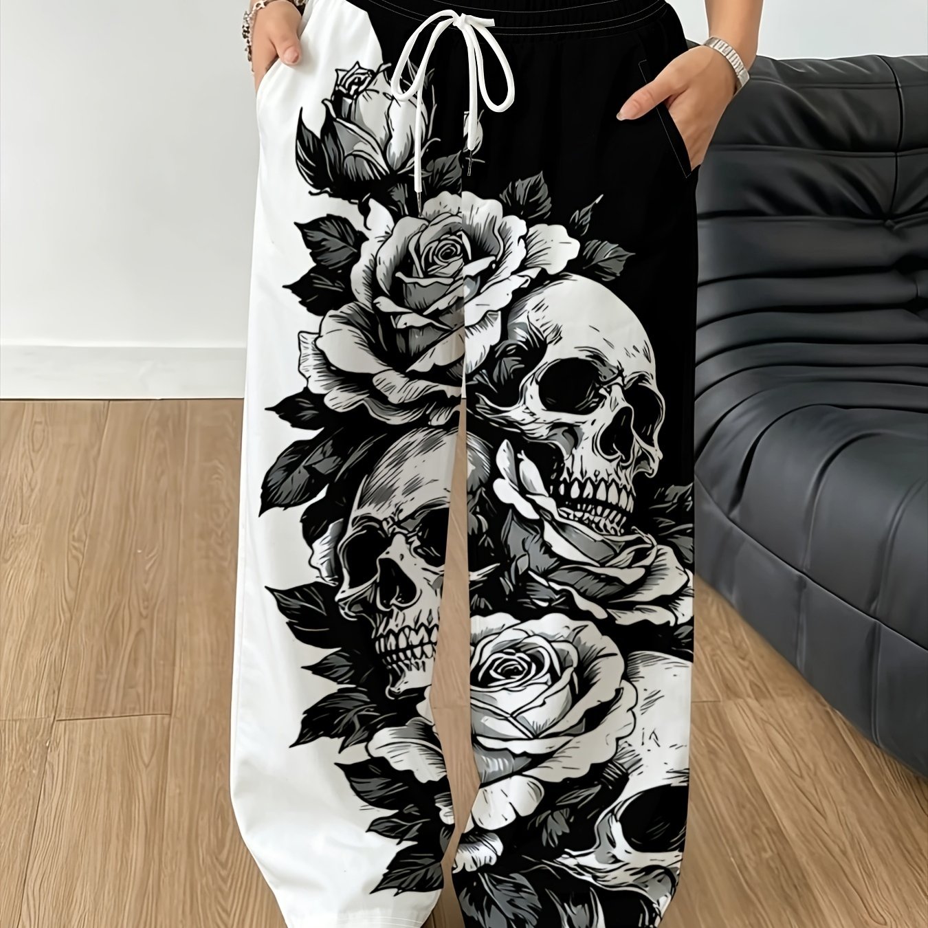 TEMU [printed Design - Non-realistic Texture] Black And White Rose Skull Casual Pants, Featuring An Adjustable Drawstring Design With An Elastic
