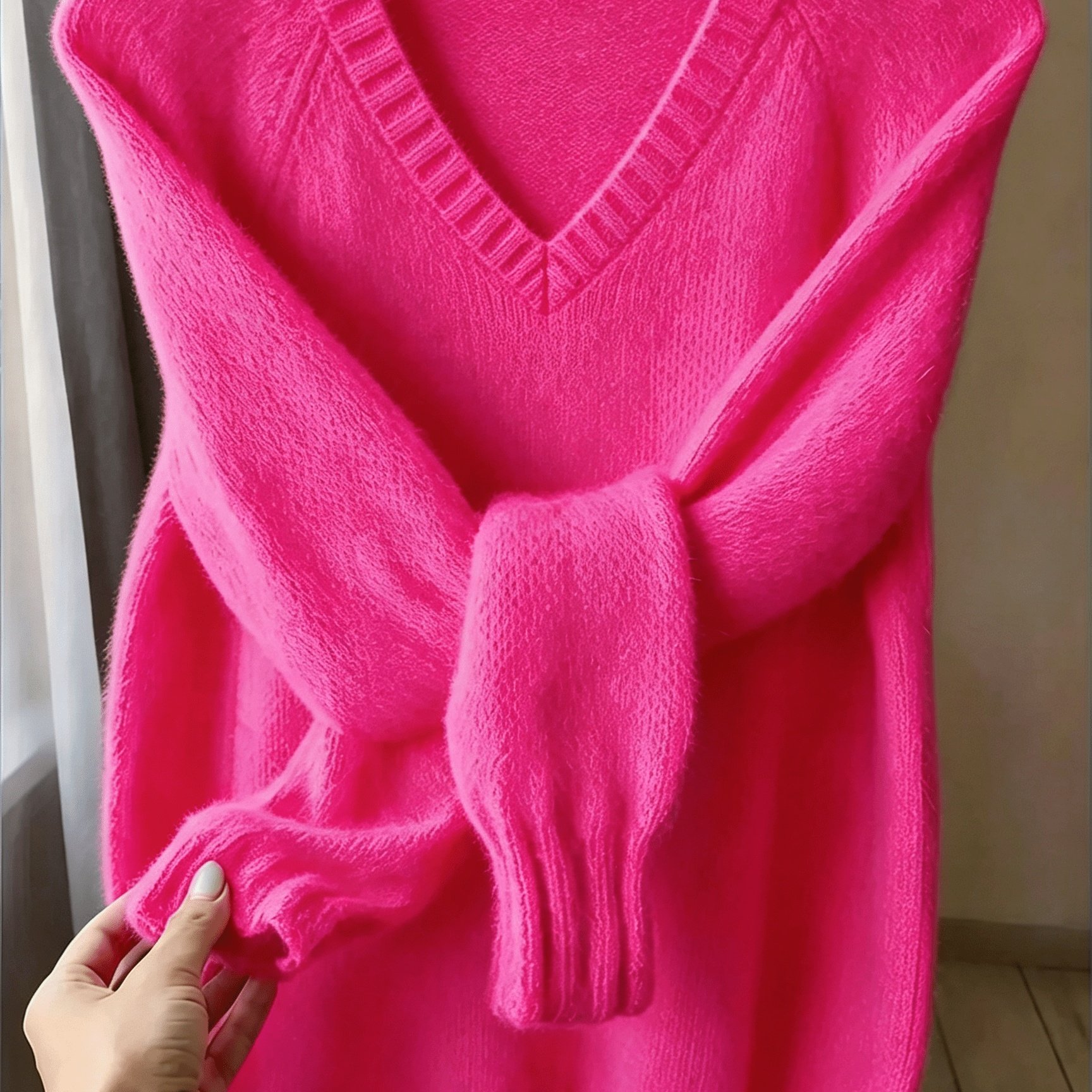 TEMU Plus Size, Spring, Autumn, Winter Plus-size Women' V-neck Long-sleeve Pullover Sweater. Loose Drop-shoulder Fit With Fluffy, , And Textured