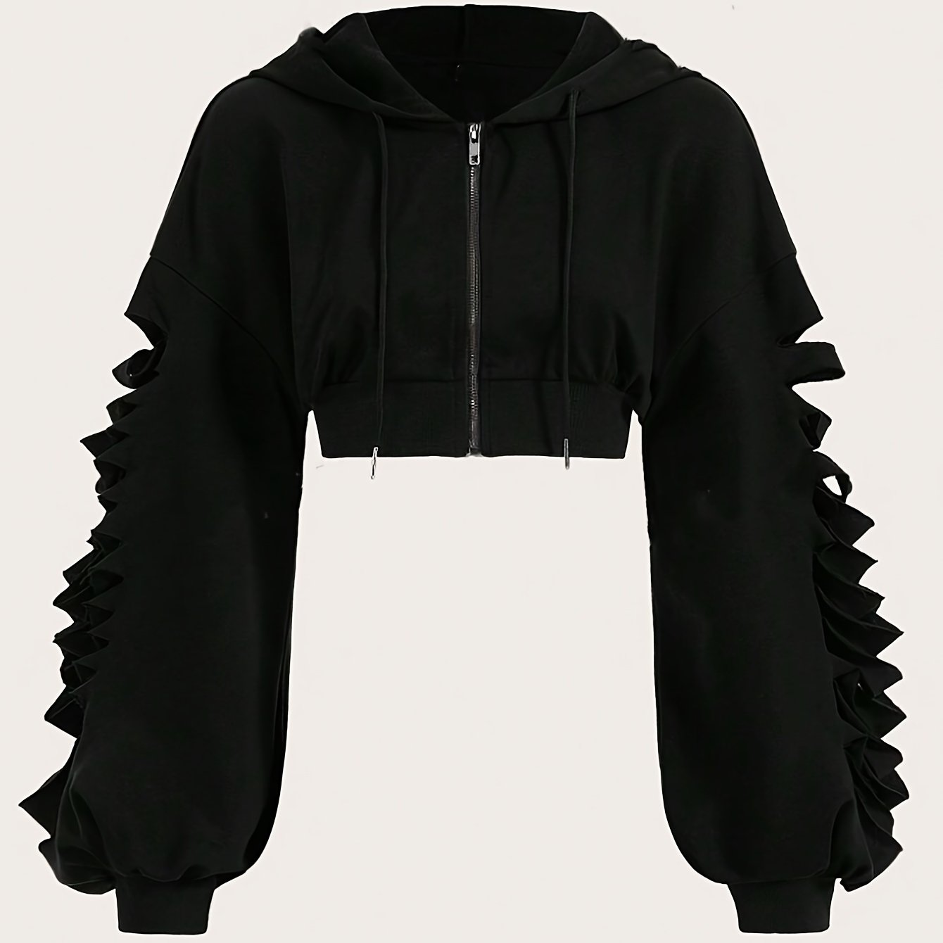 Image of 1pc Women's Casual Viscose Cropped Bolero Jacket With Hood - Hollow Raglan Long Sleeve Zip-up Short Outerwear For