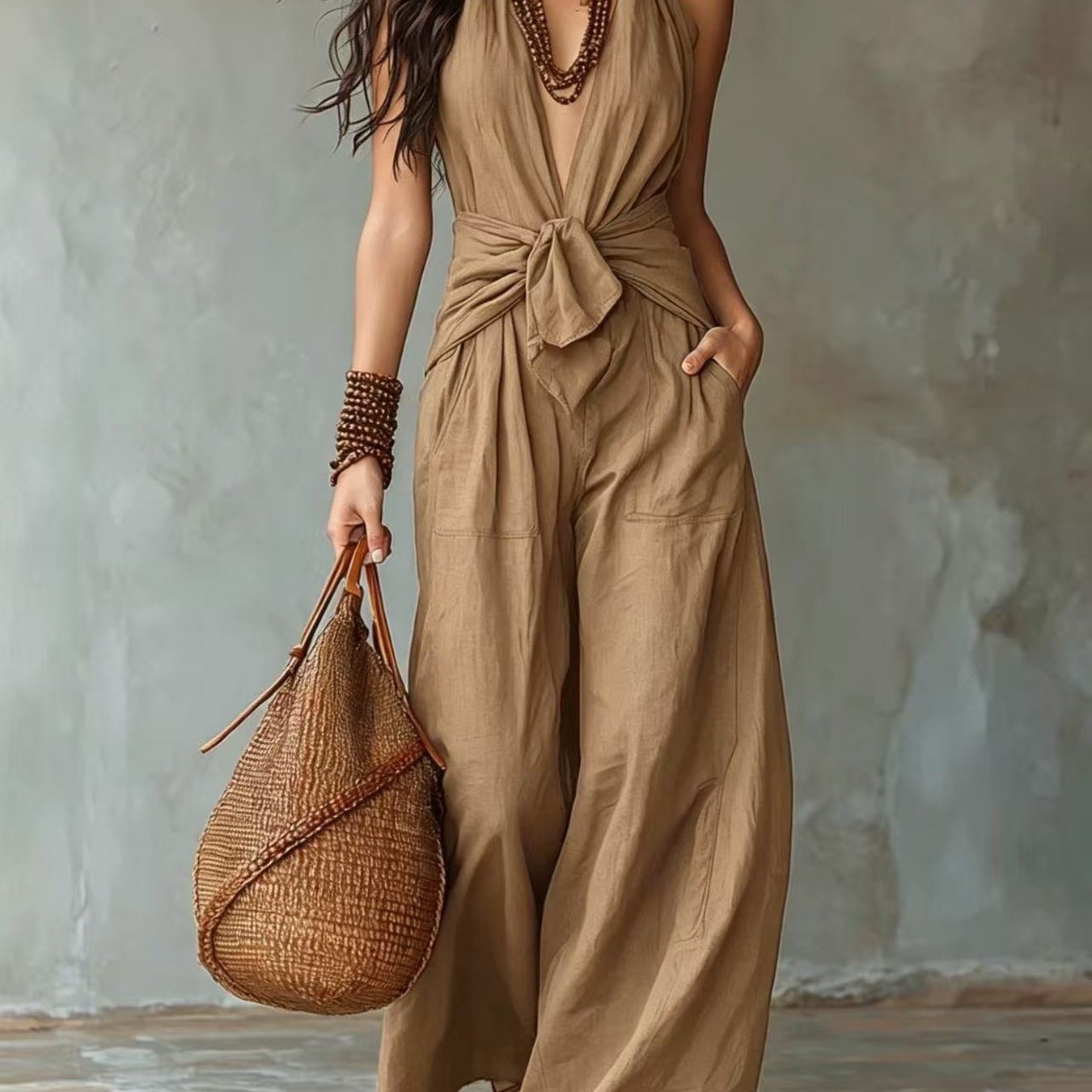 Women's Sleeveless Halter Neck Tie Waist Wide-leg Jumpsuit, Women's Summer Jumpsuit | Elegant Sophisticated Chic Style, Perfect For Spring And Summer Daily , And Shopping