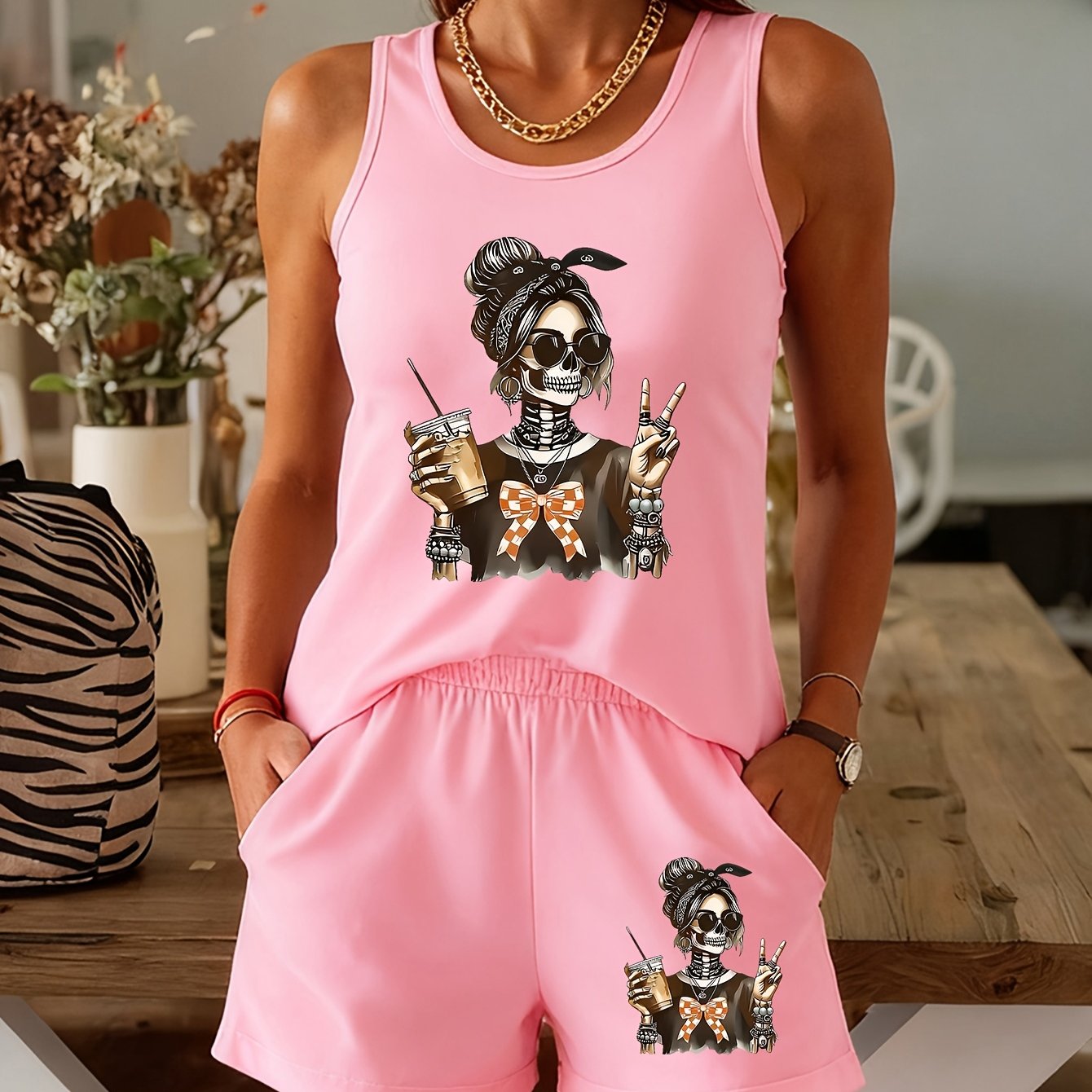 TEMU Women's Gothic Skull Print Tank Top And Shorts Set - Lightweight Daily And Halloween Party Outfit, Spring Fashion Trend, Edgy Style, Printed