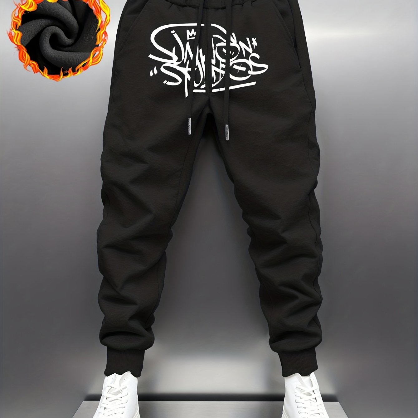TEMU Men's Streetwear Fashion Thick Long Pants, Trendy Print -lined Thermal Joggers, Winter Face Arrow Black Casual Sports Pants, Elastic Waist With