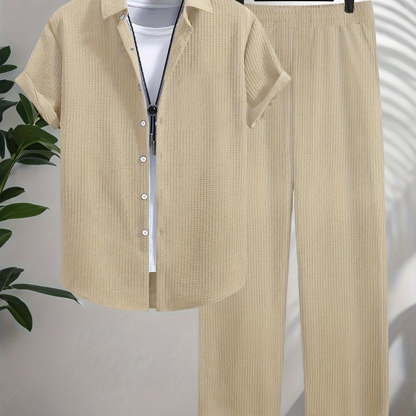 Men's Shirt Trousers Suit, Fashionable Bubble Easy Casual Lapel Short-sleeve Shirt And Solid Color Trousers Suit