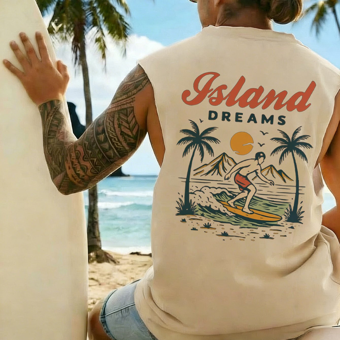 TEMU Men's Sleeveless Tank Top With Back Print - Surfer & Palm Tree, Loose Fit Beach Shirt, Suitable For Coastal Vacations, Outdoor Outfits, Casual