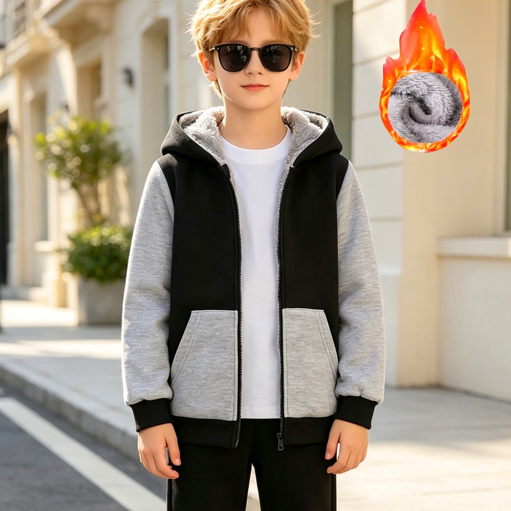 Image of Boys' - Casual Versatile Fleece-lined Thick Hooded Jacket