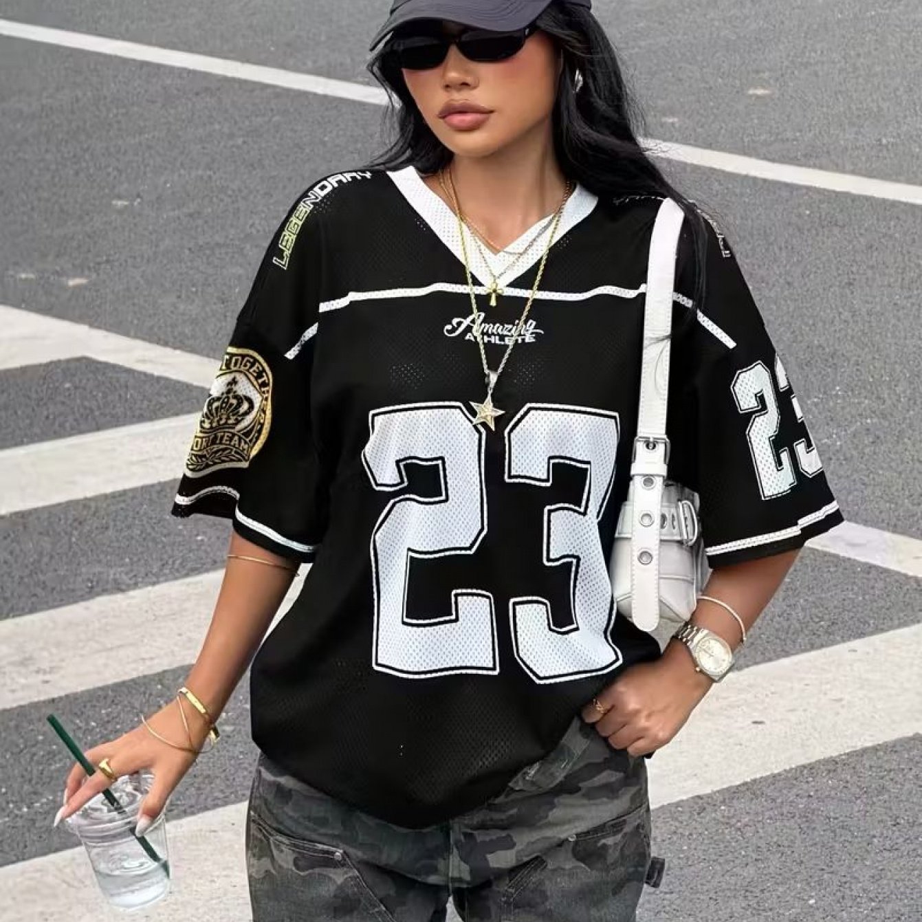 TEMU Women' Collar Size 23 Crown Pattern Printed Mesh Fashion Athletic T-shirt V-neck