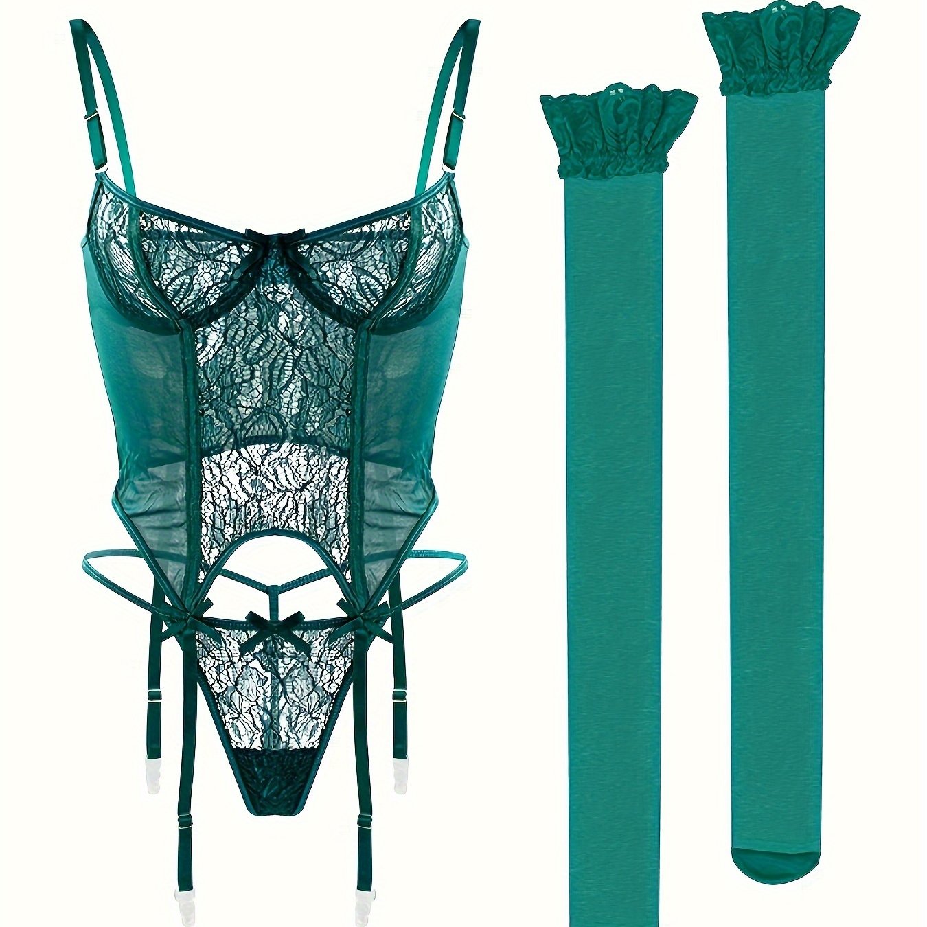 Floral Lace Lingerie Set Mesh Cami Top Thong Stockings - Temu