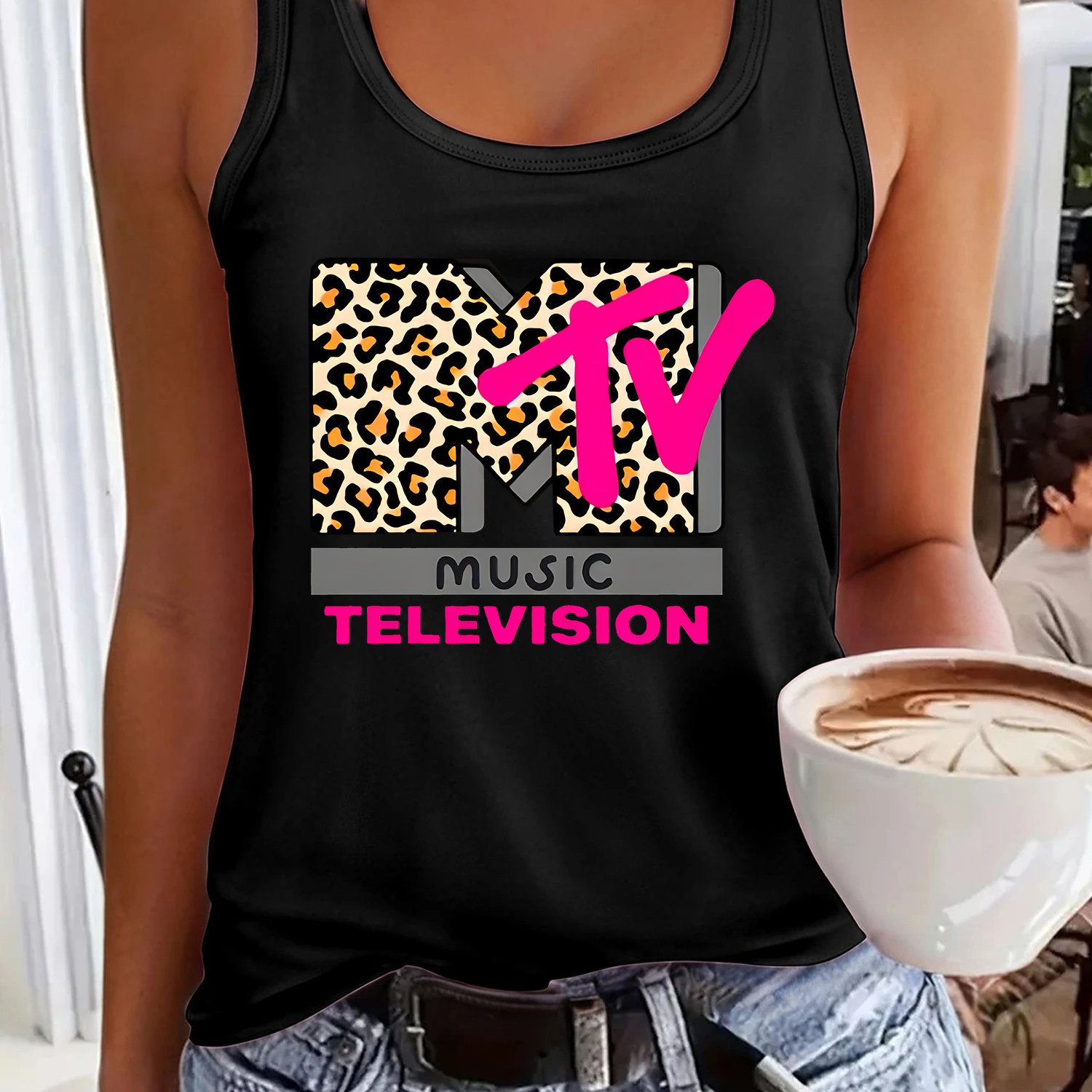 TEMU Damen-Tanktop mit Leopardenmuster "MTV MUSIC TELEVISION" - Lässiges, ärmelloses Pullover mit Rundhalsausschnitt, weich und bequem, für lässige
