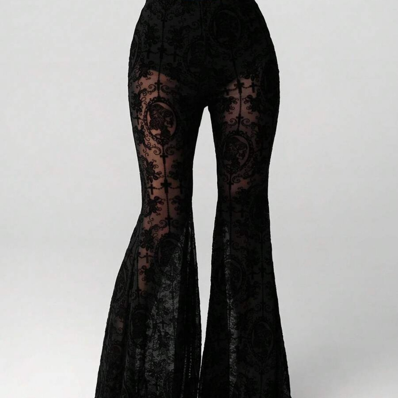 TEMU High-waisted Slim-fit Lace Flare Pants With Sheer Lace For Leg-length Enhancement, Elegant Vintage Casual Vacation Daily Wear