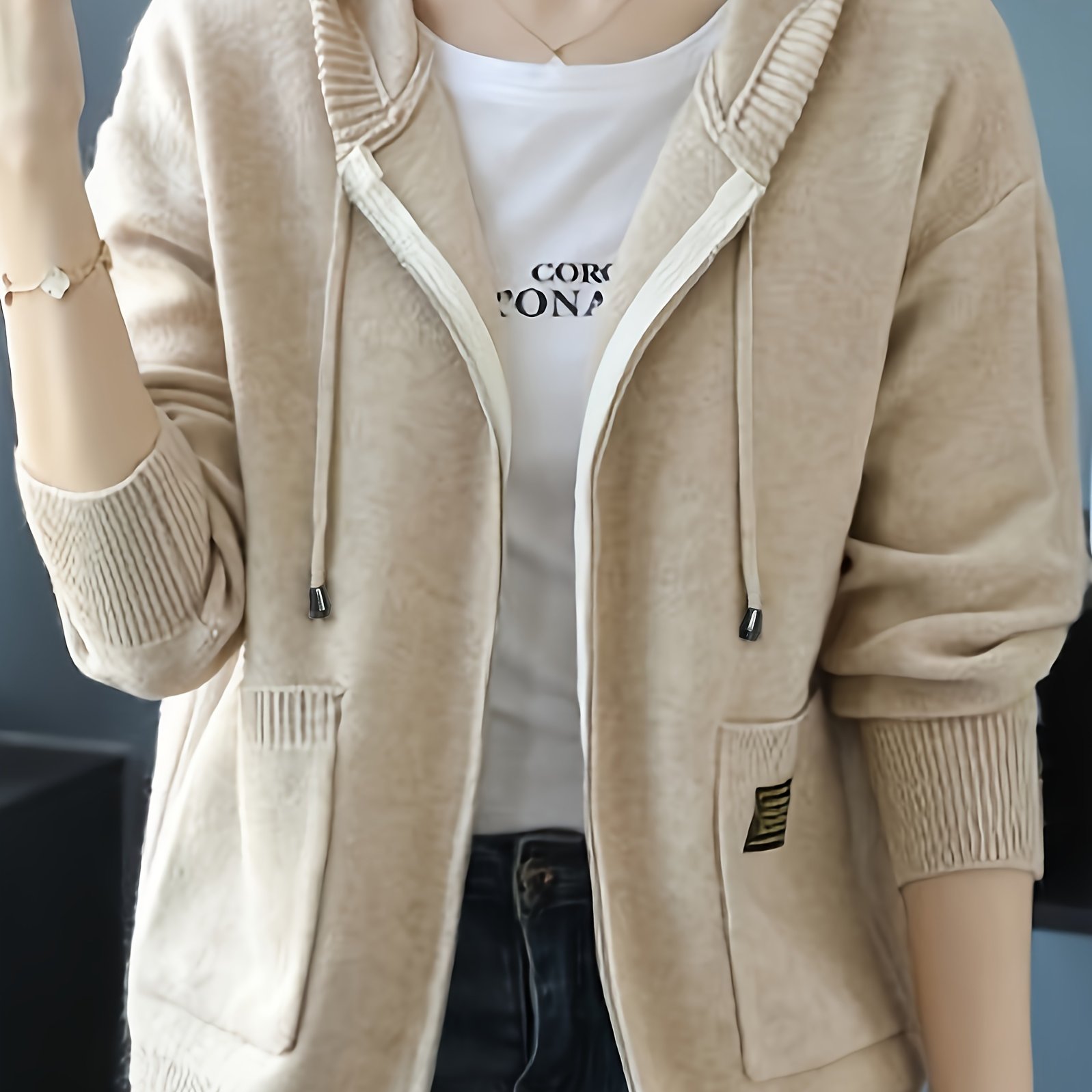 TEMU Women' Zip-up Hooded Cardigan Sweater - Long Sleeve, Solid Color, Polyester And Acrylic Blend, Knit Fabric, Ideal For Spring/fall, Autumn, Open Front, Knit Shirt