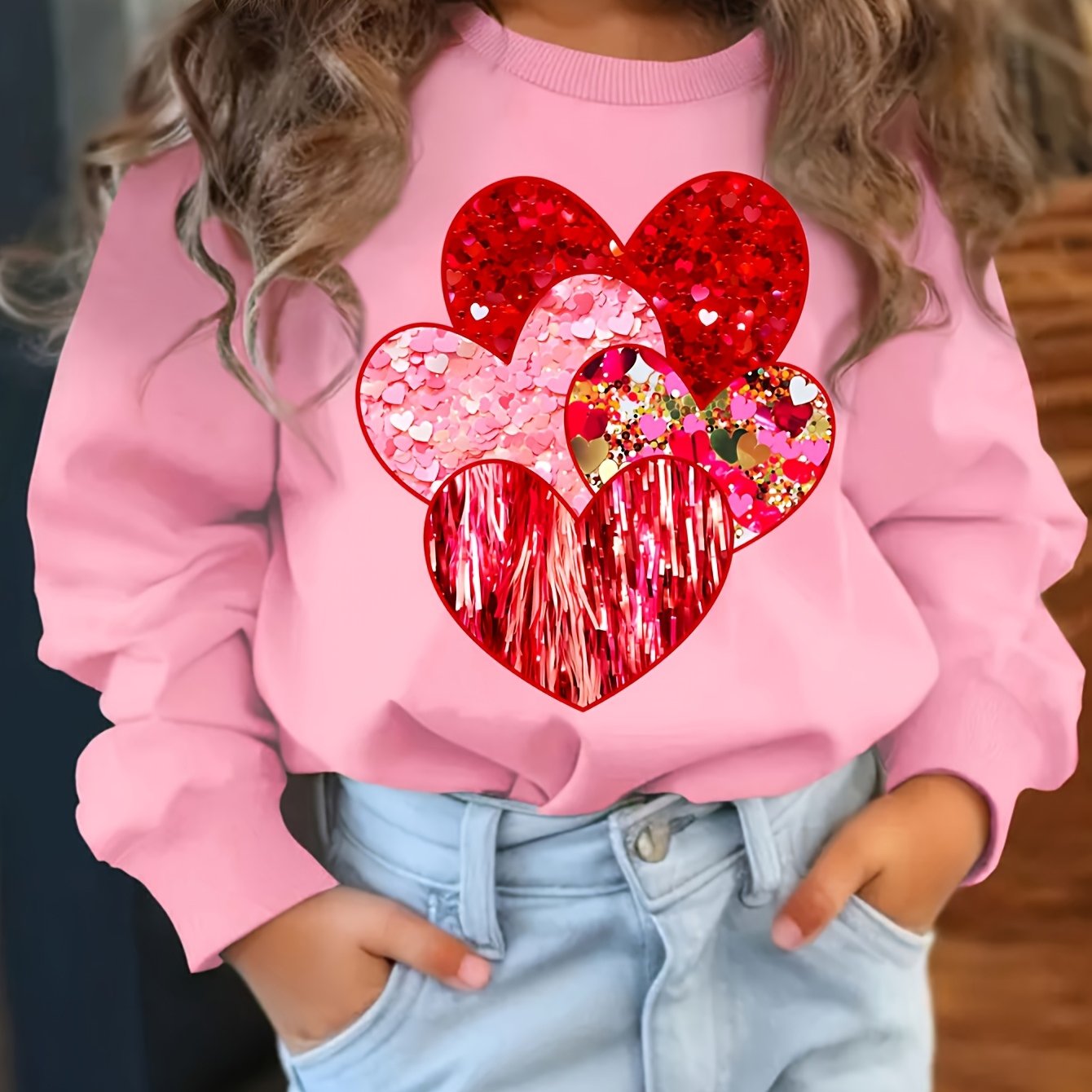 Image of Xmq60042 Girls' Simulated Sequin Heart Print Fashion Versatile Spring Autumn Round Neck Sweatshirt