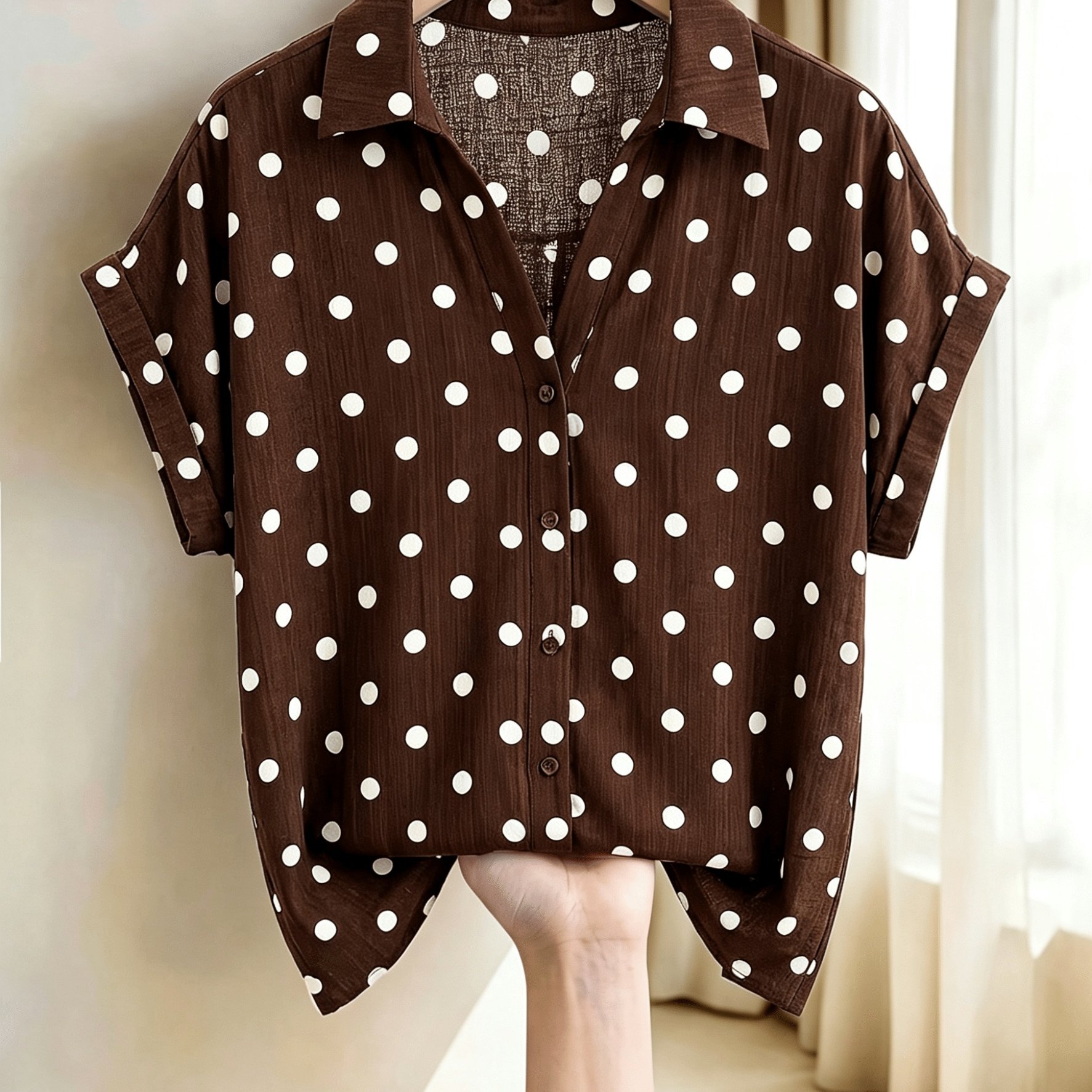 TEMU Women's Brown Polka Dot V-neck Batwing Sleeve Shirt, Easy Office Workwear, Fashionable Casual Bohemian Style Blouse