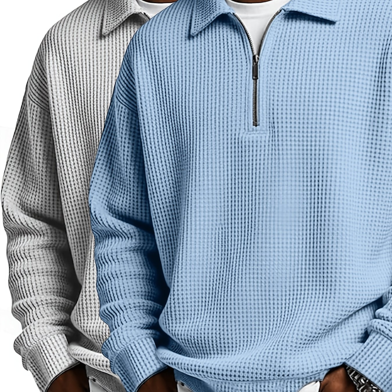 Image of 2pcs Men's Waffle Quarter Zip Sweatshirt, Lapel Collar Long Sleeve Pullover, Relaxed Fit Solid Color Textured Casual Top For Spring Autumn Winter Daily Wear