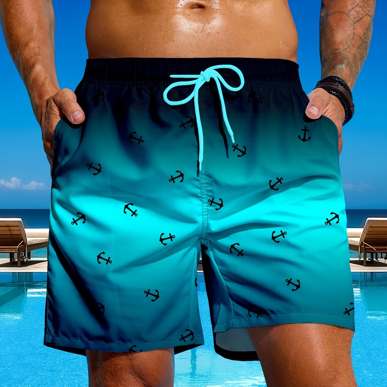 TEMU Men's Fashion Anchor Print Gradient Swim Trunks With Mesh Lining Beach Shorts, Suitable For Seaside Vacation