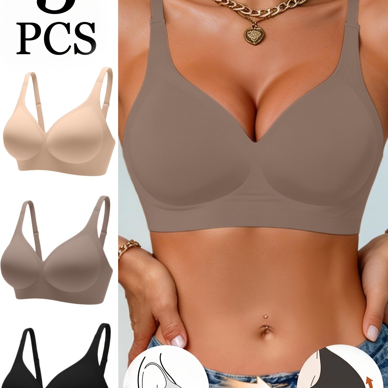 Image of 3pcs Pack Push-up Suitable For Full , Removable Gel-padded Cups & -free, Seamless Back Closure, Breathable Spaghetti Strap Bras For Daily Wear, Gym, Travel - Non-