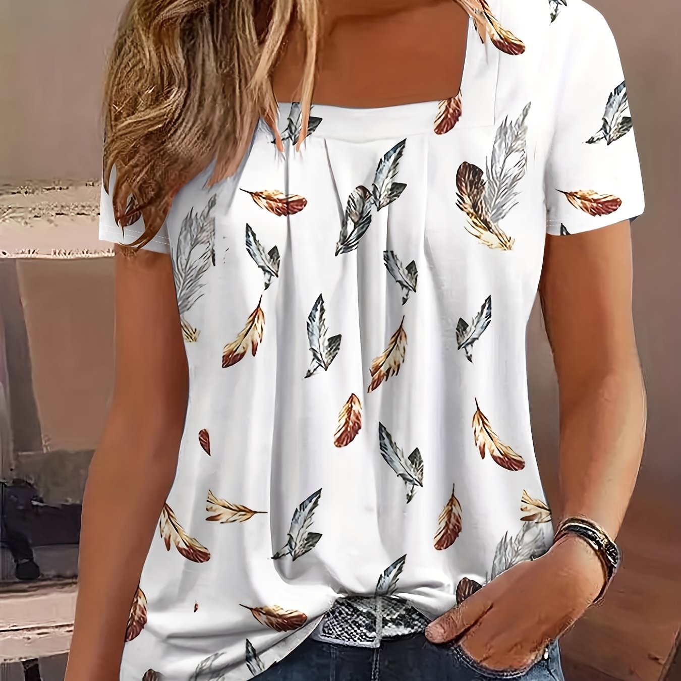TEMU New European And Print Flowing Draped Pleated Square Neck Fashionable Short Sleeve T-shirt Top