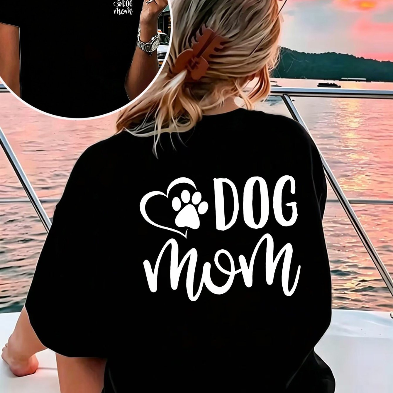 TEMU Women's Casual Sport T-shirt, With Dog Mom Heart Paw Print Graphic, Oversized Fit, Perfect For Pet Lovers, Sunset Boat Background, Comfortable