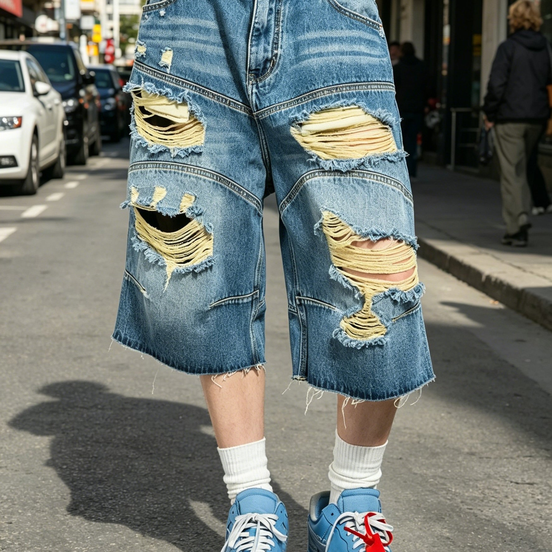 Image of Hmemen's Plus Size Heavy Distressed Denim Shorts, Multi-panel Ripped Baggy Wide Leg Jorts, Casual Streetwear Knee-length Workwear Pants For Men
