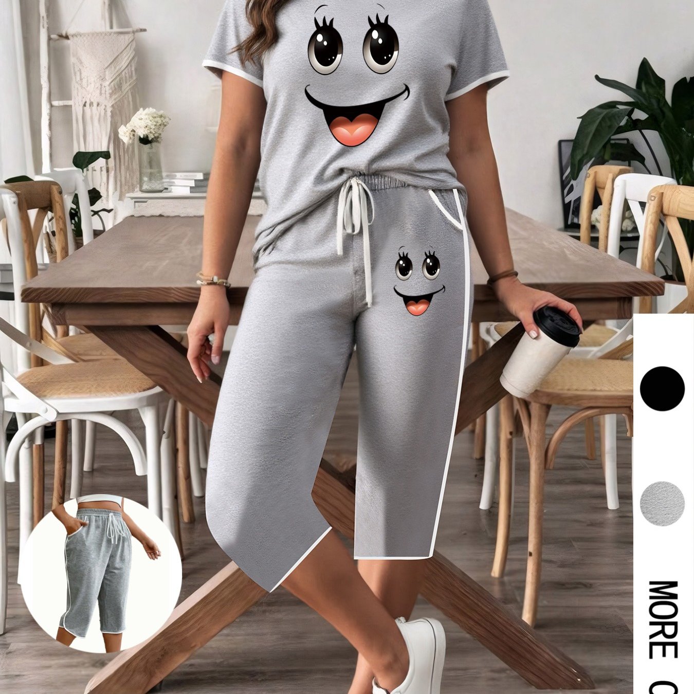 TEMU Plus Size, Women's Plus Size Summer Set: High-stretch Fabric, Double Side Pockets, Elastic Waistband, Casual Streetwear With Geometric Print,