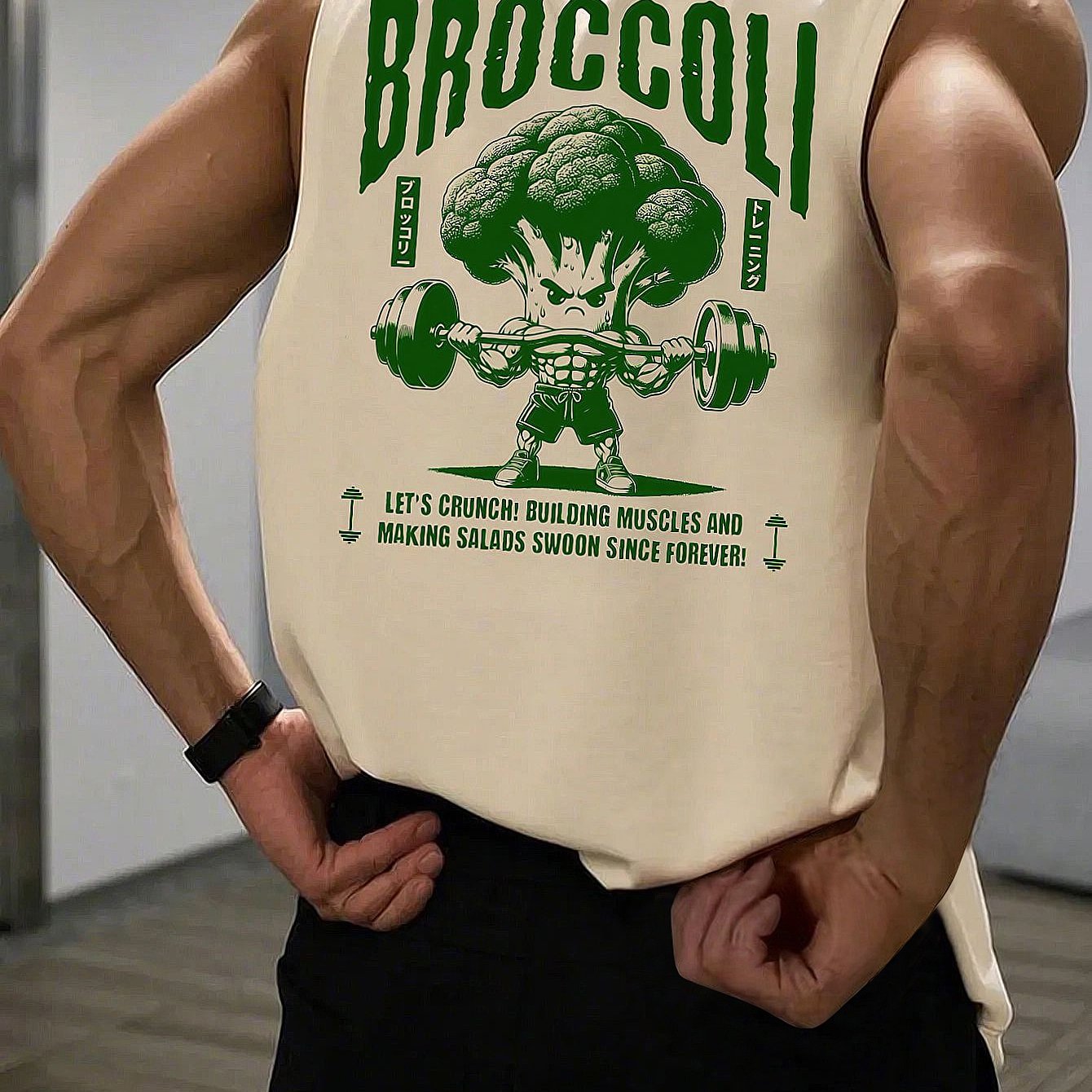 TEMU Men's Casual Sports Tank Top - Lightweight Breathable Knit Fabric With Broccoli Print, Round Neck Sleeveless Design For Gym & Casual Attire, Gym