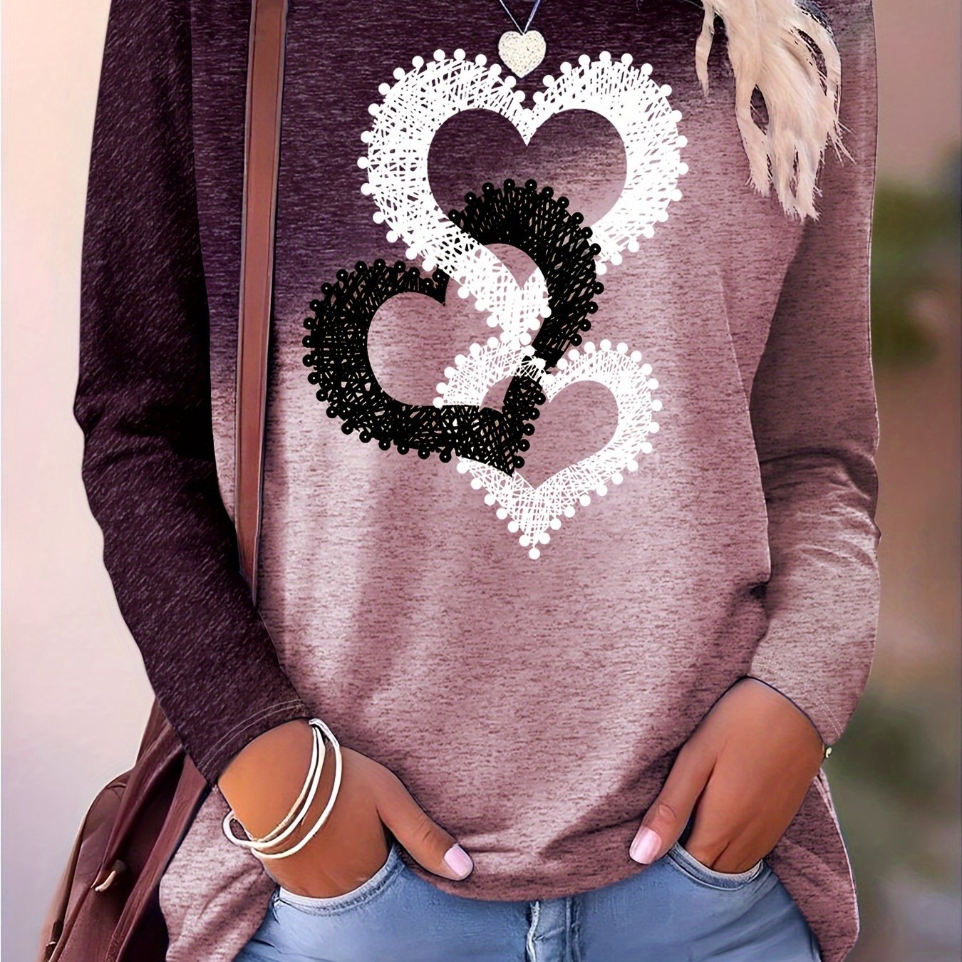 Women's Long-sleeve Purple T-shirt With A Printed Design For Casual Wear And Autumn