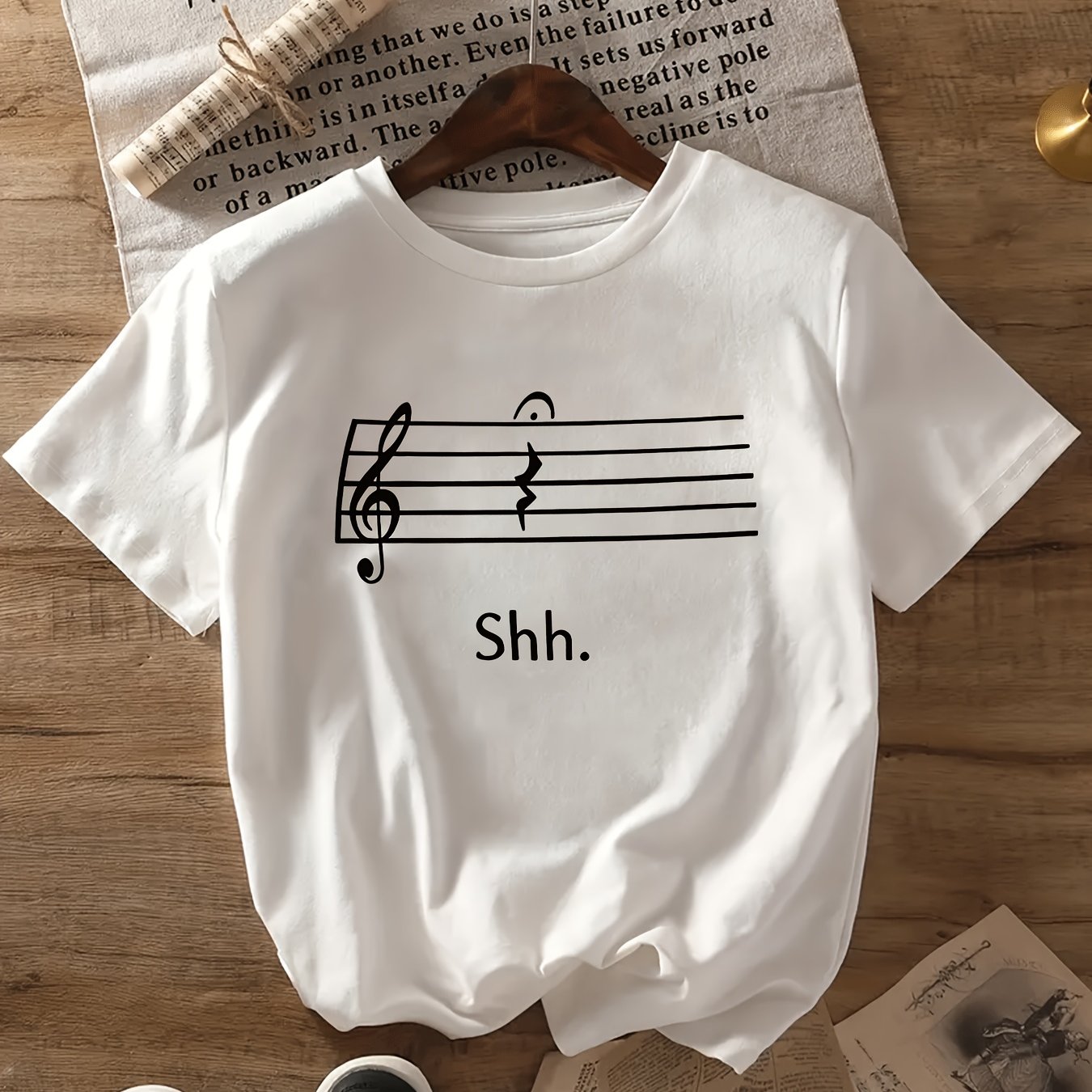 TEMU Summer Women's T-shirt - Music Rest "shh." Printed Graphic Easy, Comfortable, And Casual Round-neck T-shirt