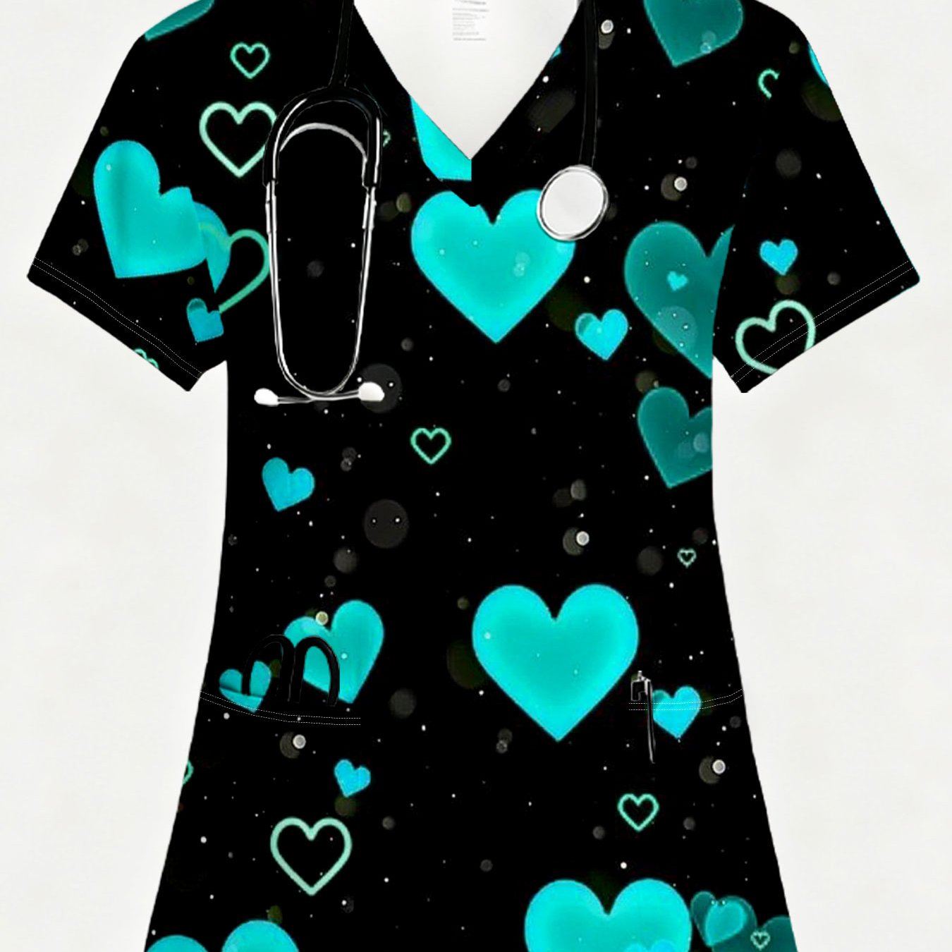 TEMU Women's Short Sleeve V-neck T-shirt With Blue Print Full-body Top - Short Sleeve V-pocket Blouse, Machine Washable Summer Casual Wear For Daily