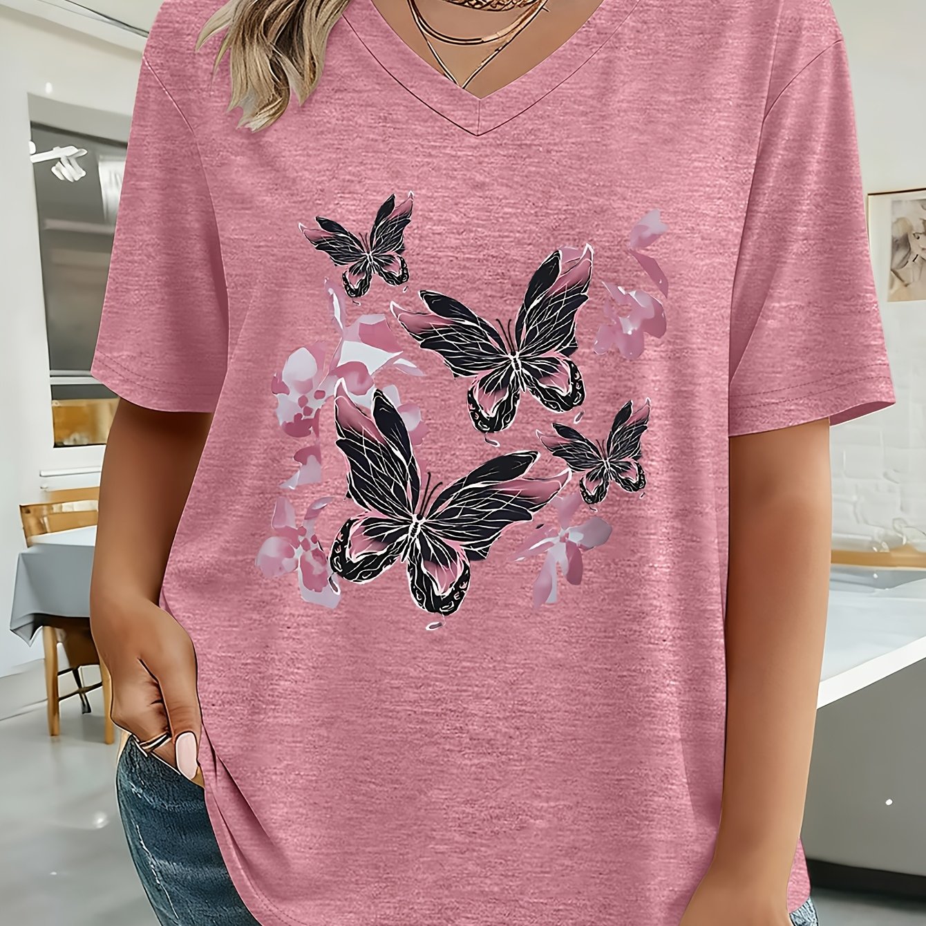TEMU Plus Size, /summer Plus Size Women's Print Loose Drop-shoulder Half-sleeve T-shirt, High-quality Women's Top, Casual Short-sleeve V-neck Tee,