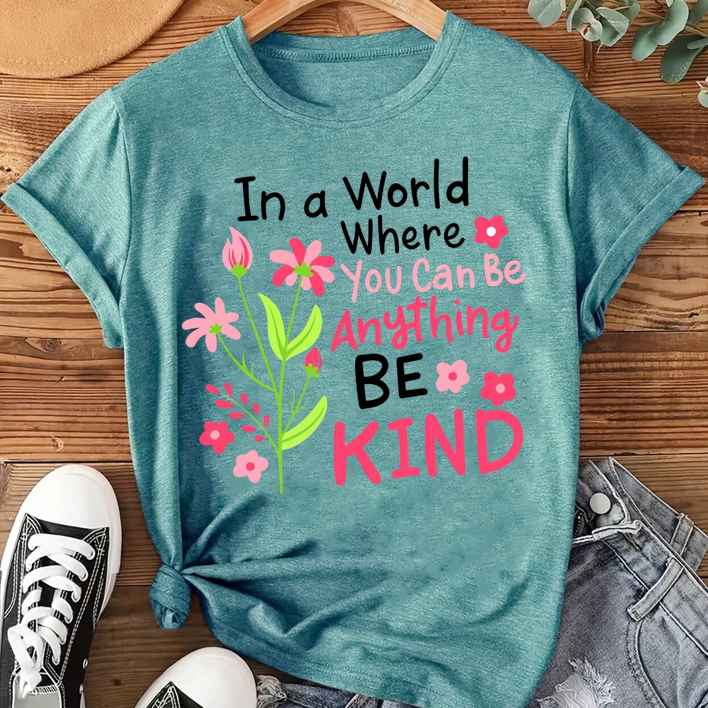 TEMU Women's Elegant Short Sleeve Floral And "in A World Where Anything Be Kind" Positive Slogan Printed Round Neck Comfortable Soft Breathable Easy
