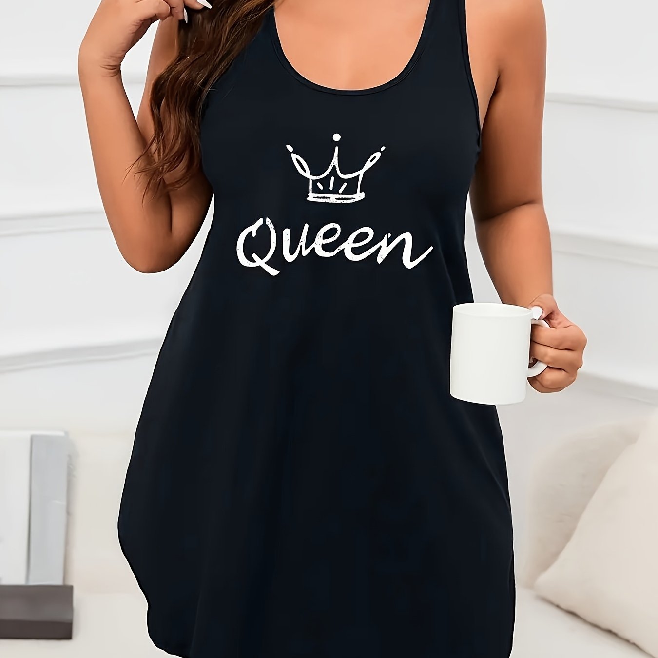 Image of Women's Plus Size Casual Dress, Plus Size Crown And Letter Print Racing Vest Nightgown