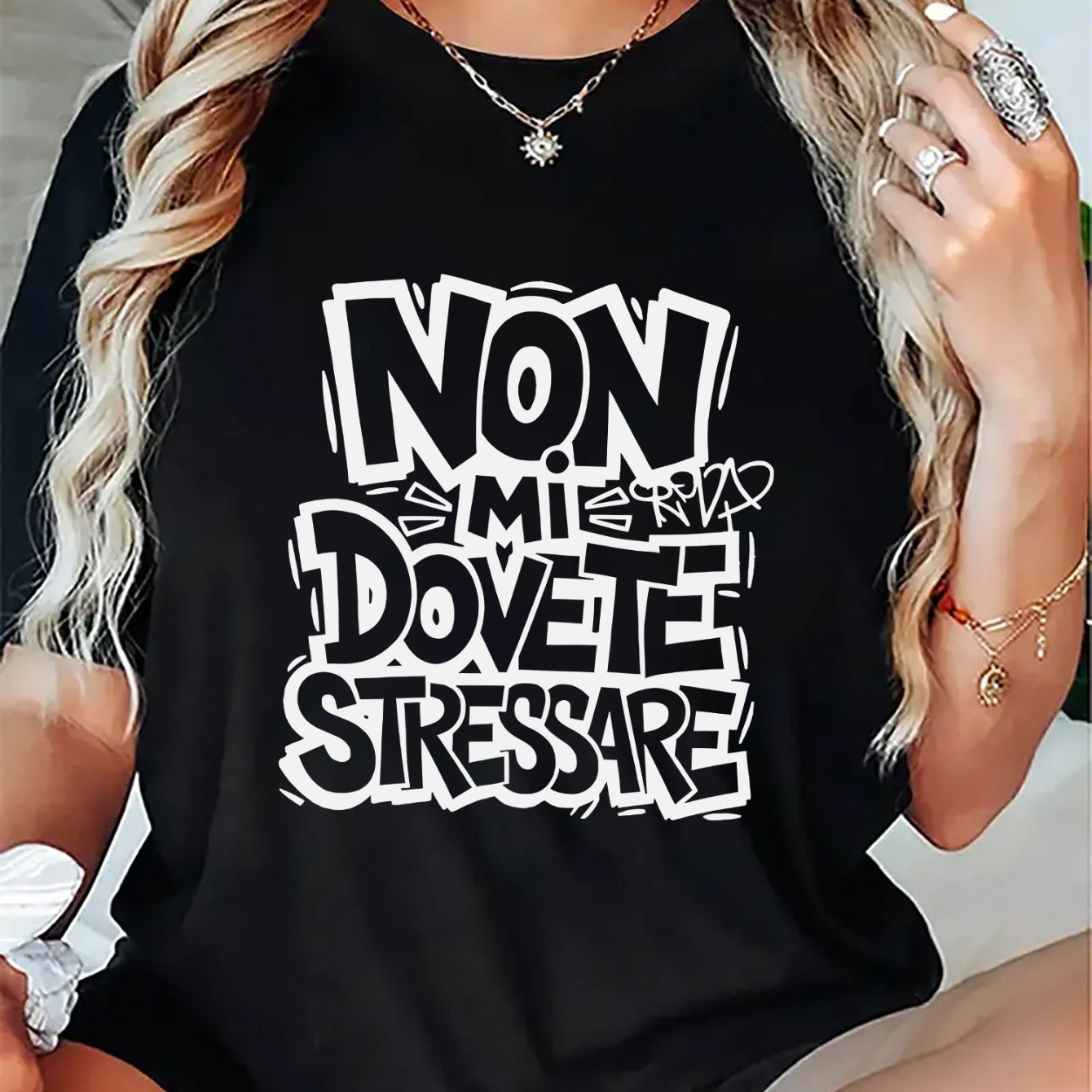TEMU Women's Polyester Fashion T-shirt With Non Mi Servo Te Stressare Print, Casual Top For Halloween, Thanksgiving, Christmas, New Year Parties,