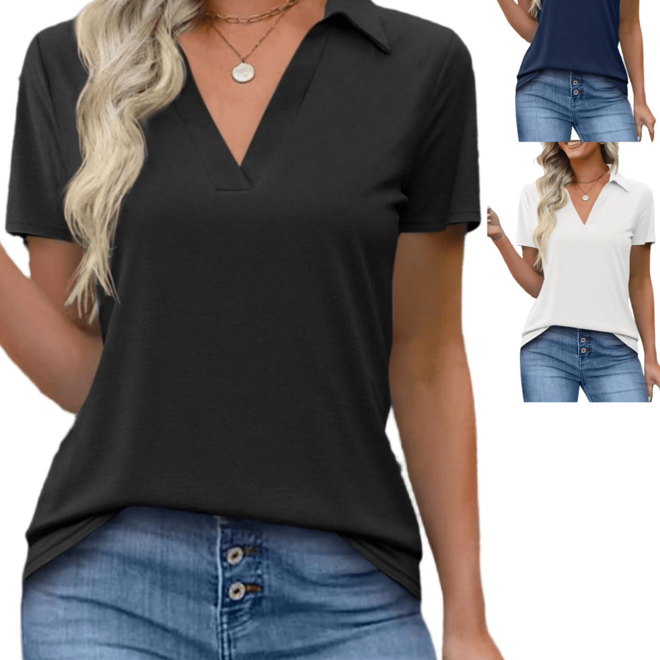 Image of Women' Spring Summer T-shirts V-neck Short Sleeve Business Dressy Casual Tops Collared Trendy Tees