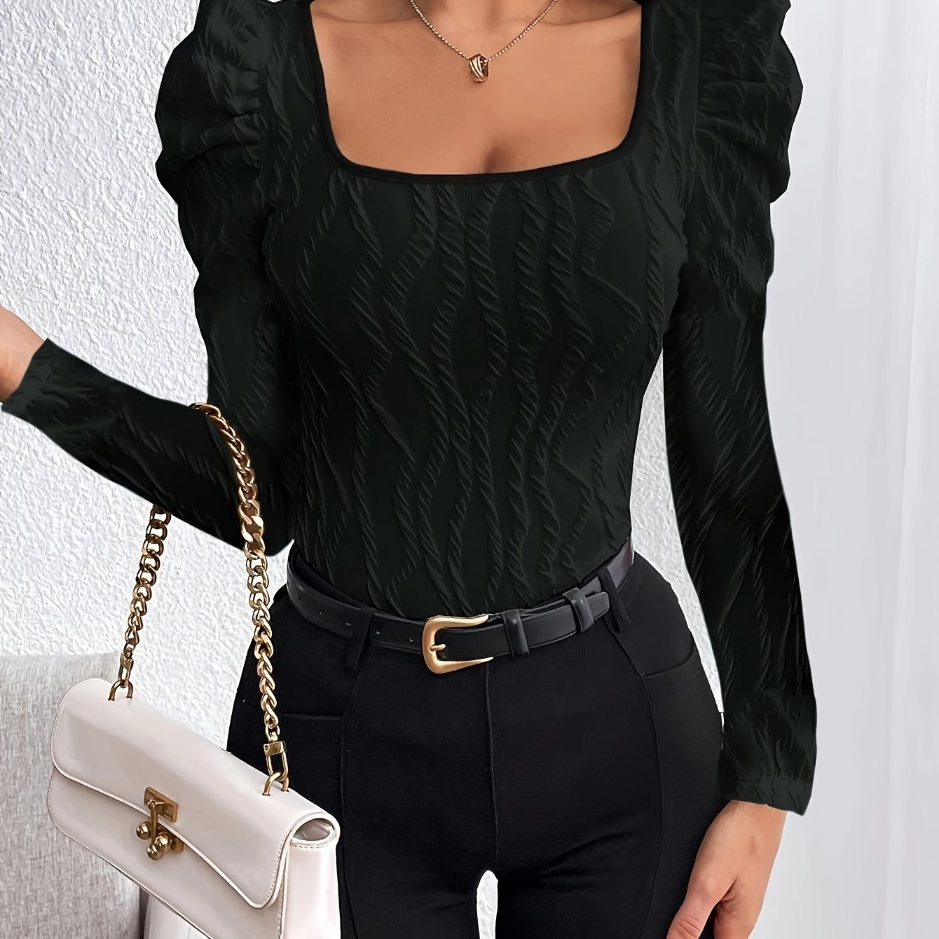 Autumn/winter New Square Neck Textured Fabric Puff Sleeve Women's Elegant Long Sleeve Top