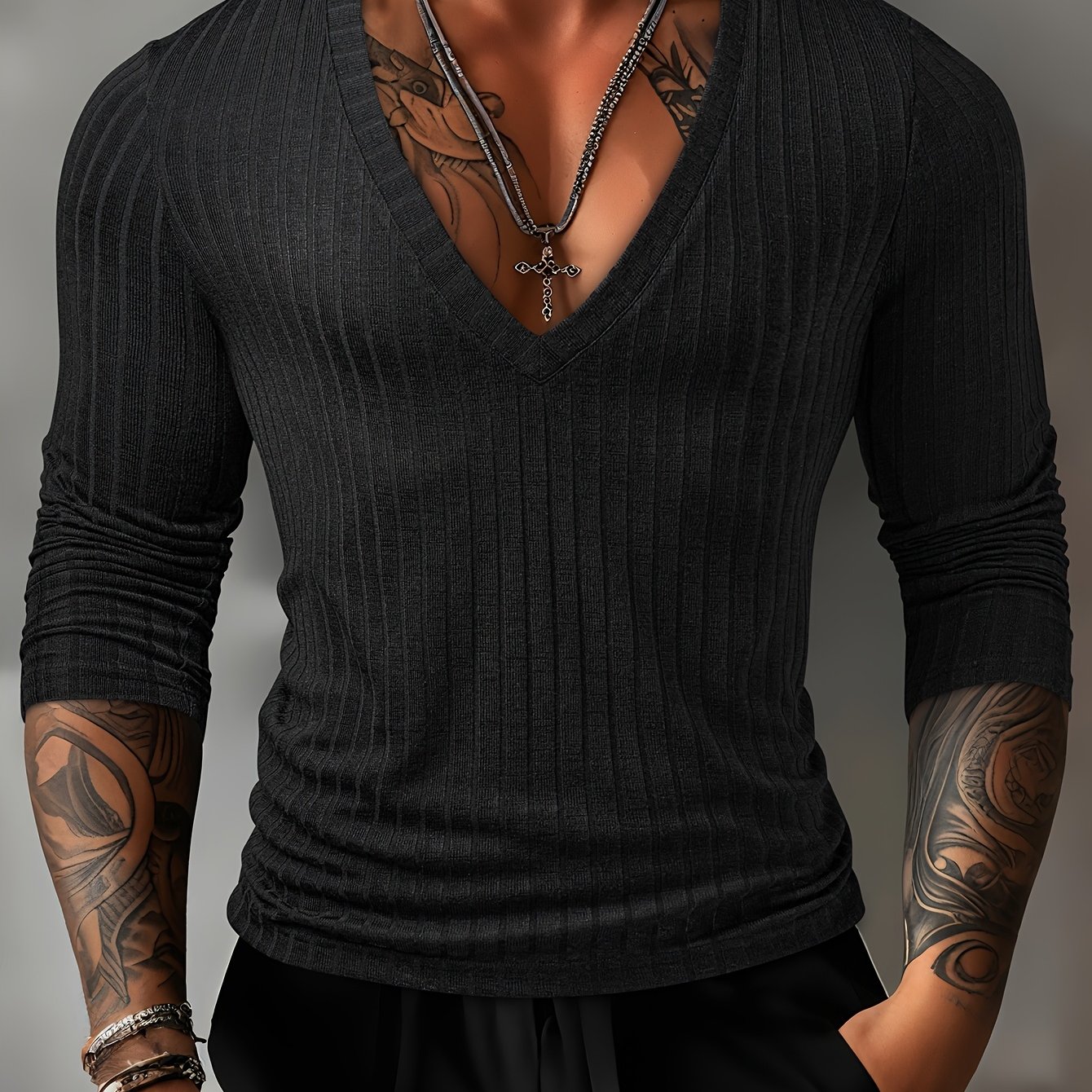 Men's Textured 8x4 Drop-shoulder Thick, Soft, And Comfortable Stretch Striped Deep V-neck Long Sleeve Fashionable Outdoor Sports Slim- T-shirt