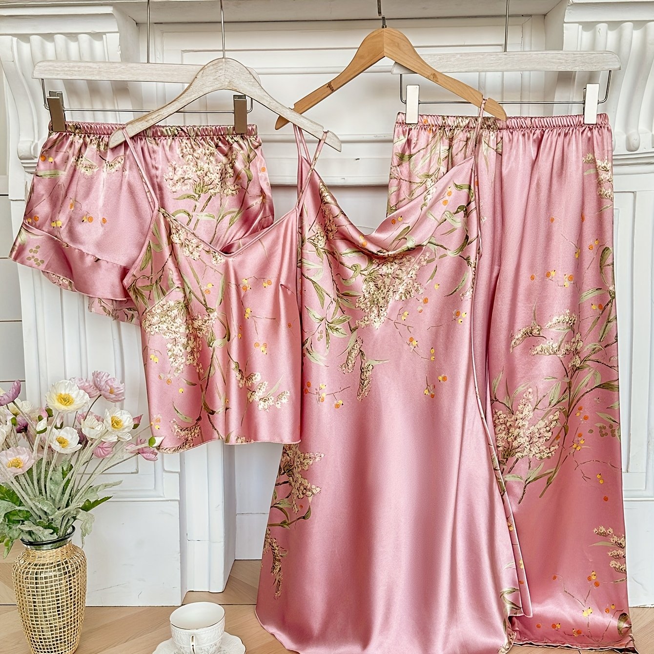 TEMU 4pcs Set Of Cherry Print Collar Camisole Dress, Shorts, Long Pants, And Pajamas