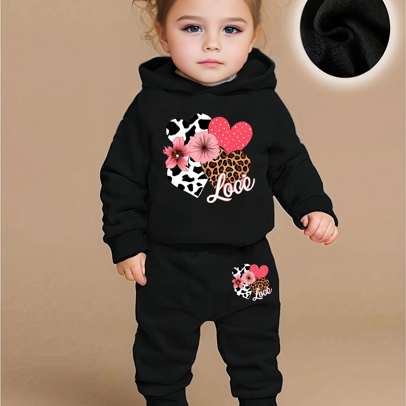 Image of Love Flower Pattern Hoodie+casual Pants 2 Piece Set Spring And Autumn Sportswear, Perfect For Outdoor
