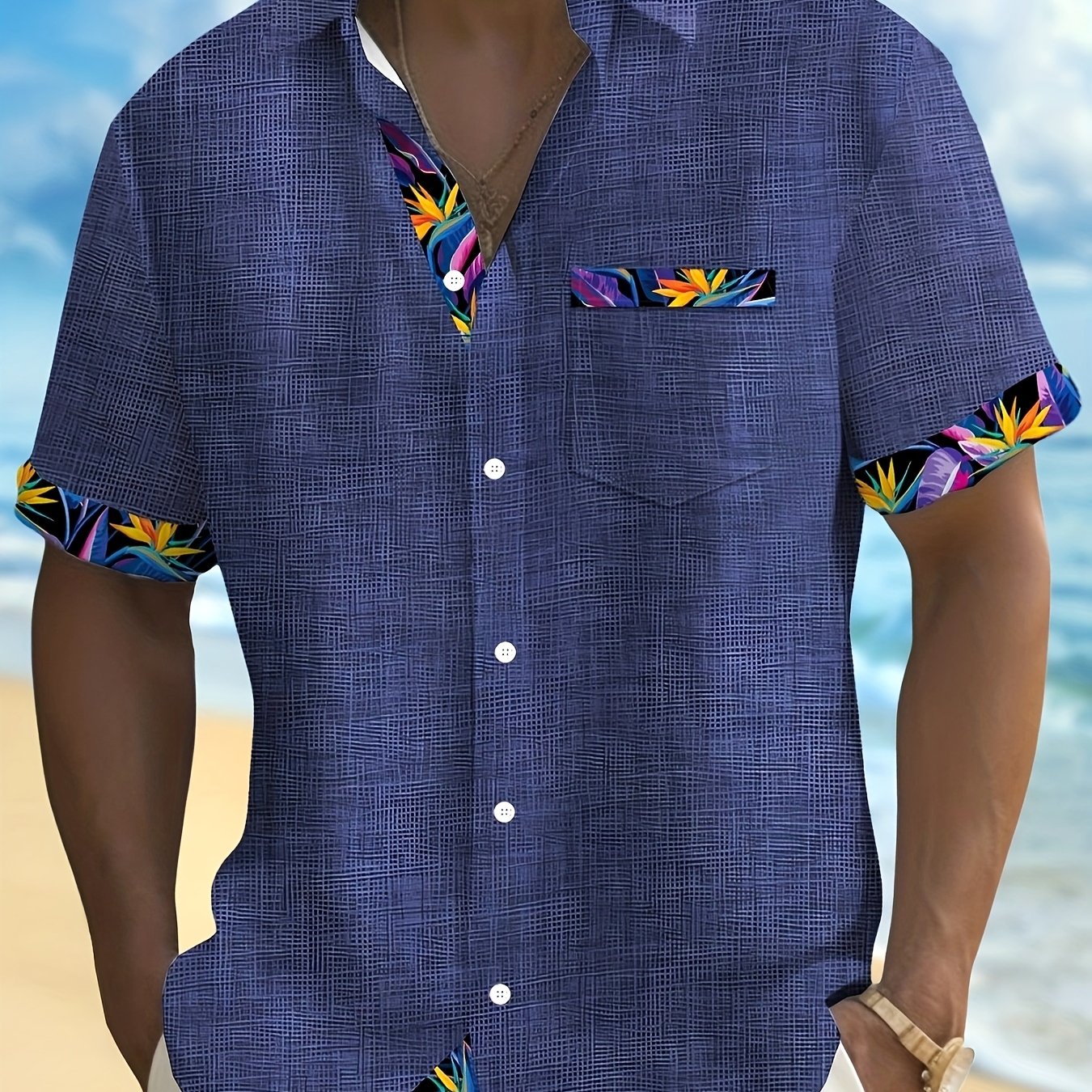 Casual Partial Floral Print Men's Button-pocket Short Sleeve Hawaiian Shirt