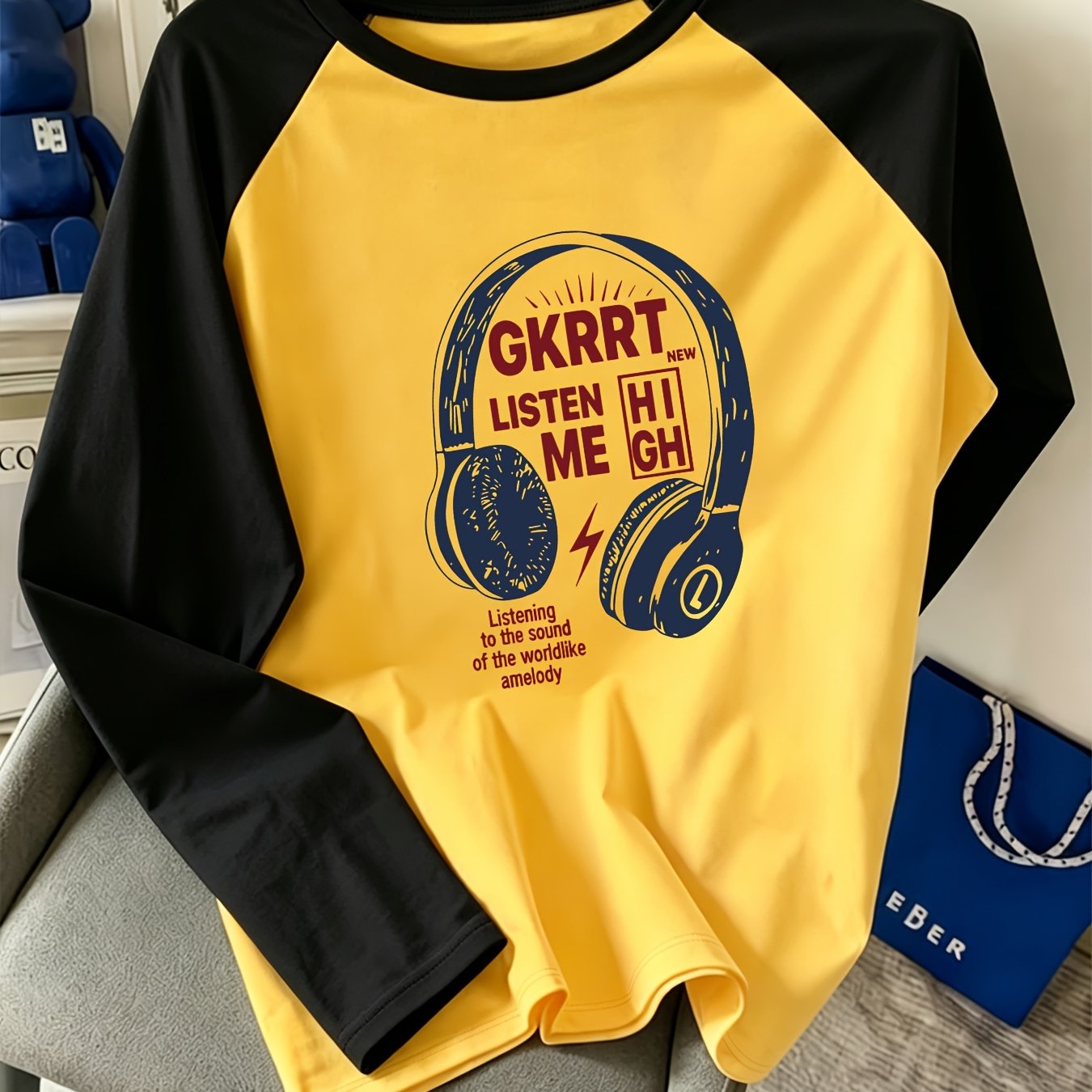 TEMU Y2k Fashion Printed Contrast Long Sleeve T-shirt, Loose Long Sleeve Top For Spring Autumn Casual Wear, Fun Listening To Music Pattern Tee,
