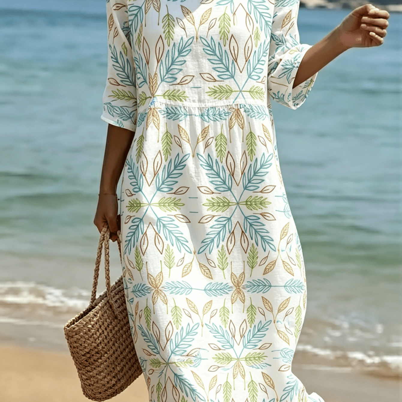 2026 New Women's Dress Geometric Leaf Round Neck Summer Dress Suitable For Beach Vacations Summer Carnivals Everyday Wear And Weekend Machine Washable