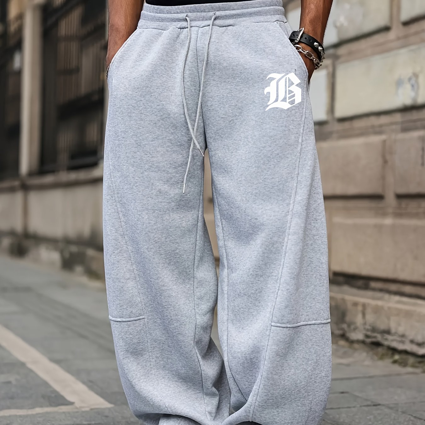TEMU Men's Gothic Letter-printed Trendy Running Pants, Straight-legged Athletic Trousers With Comfortable Fabric For Loose And Casual Wear, Street