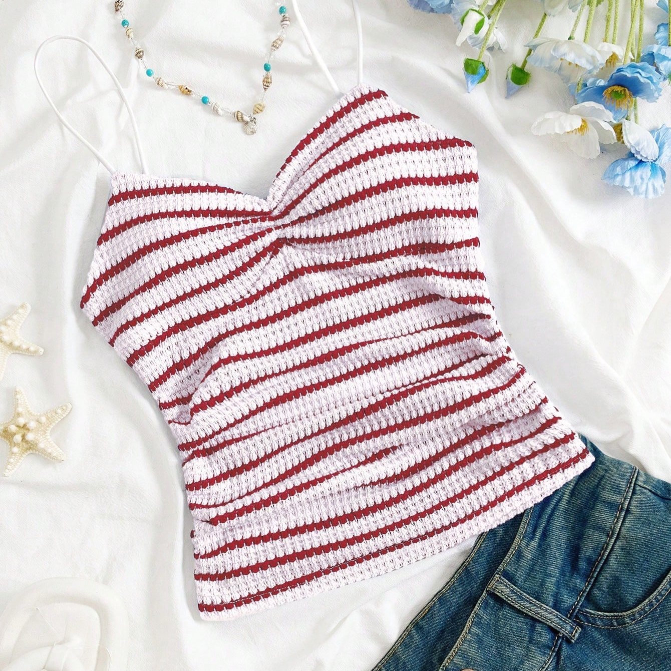E-shop Damen Frühlings-Sommer Urlaub Casual Vielseitiges Plissee Streifen Tanktop
