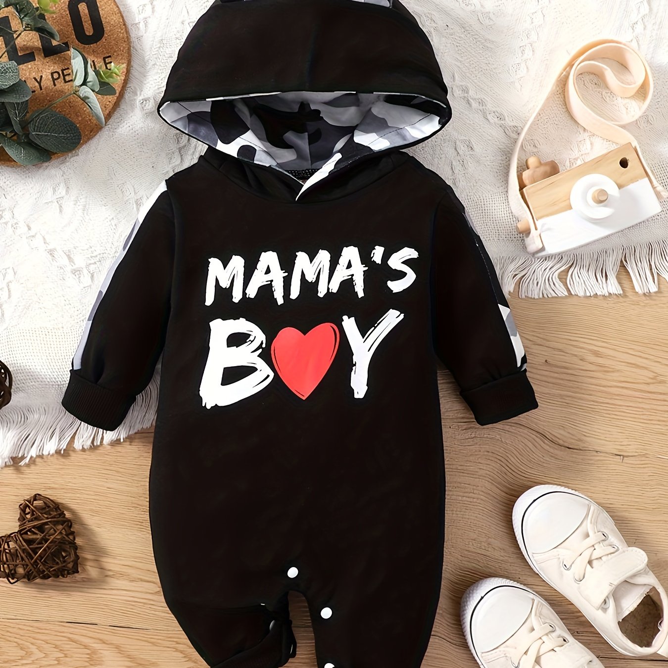 Image of Infant And Toddler Baby Boys And Girls Spring And Autumn Hooded Small Ear Letter Print Long-sleeved Crotch-opening Jumpsuit, For Outdoor