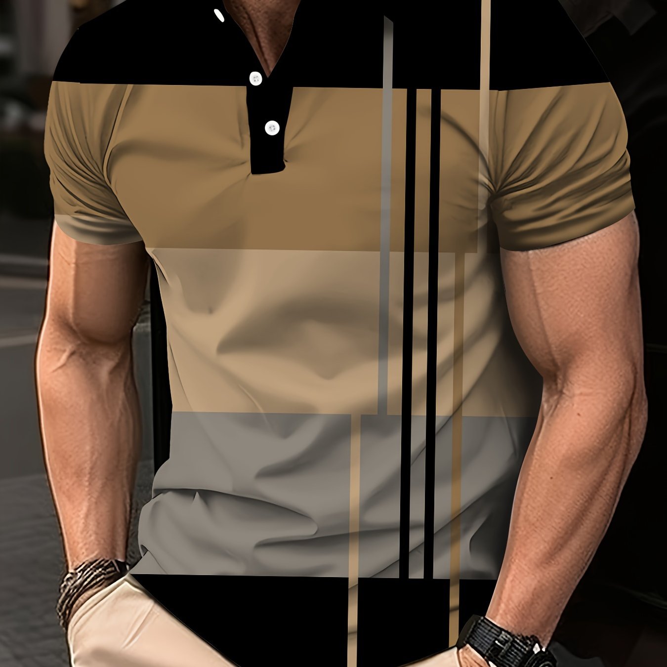 TEMU Men's Trendy Striped Button Golf Shirt, Short Sleeve Lapel Tennis Tees, Casual Comfortable Versatile Top For Summer Outdoor Sports
