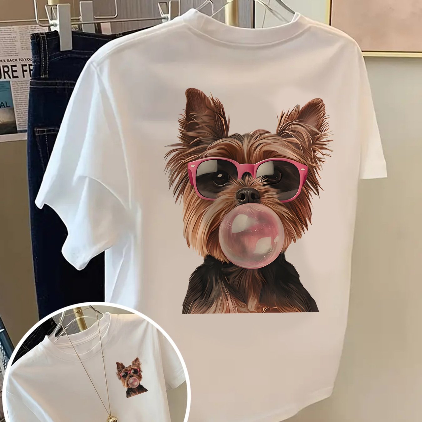 TEMU Front And Back Short Sleeve T-shirt Yorkshire Terrier, Pink Sunglasses Fashion Print Women's Spring And Summer Trendy Print T-shirt, Fashionable