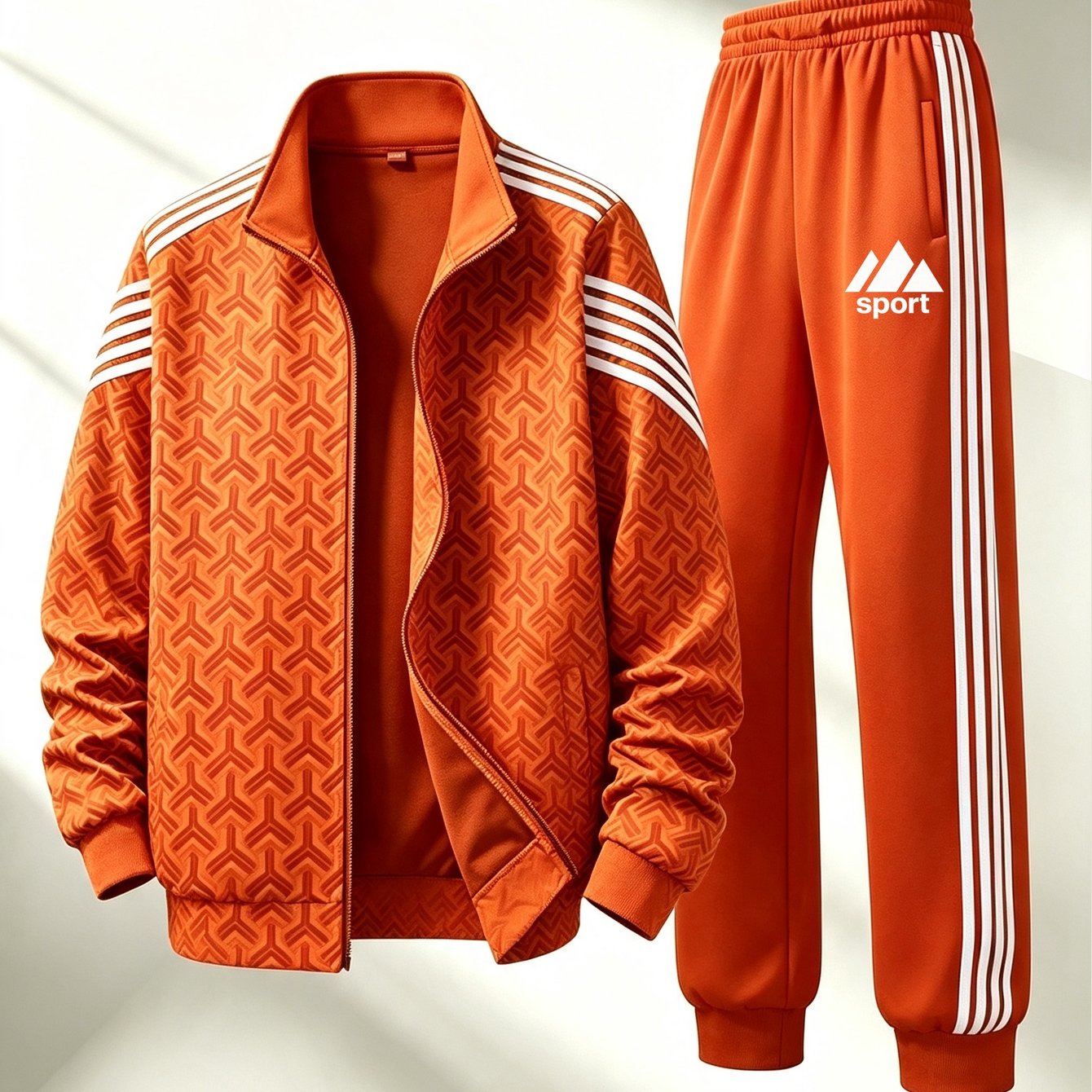 Image of Men's Stylish Tracksuit For And Winter Featuring A Stand Collar, Geometric Interlocking Design, And Striped Details, Perfect For Casual Sportswear