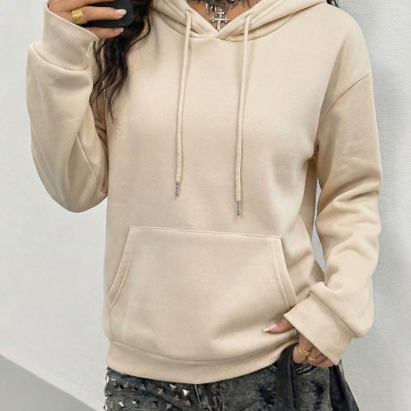 TEMU Solid Color Hoodie, Drawstring Casual Hooded Sweatshirt, Suitable For Spring, Autumn And Winter, Women's Clothing.