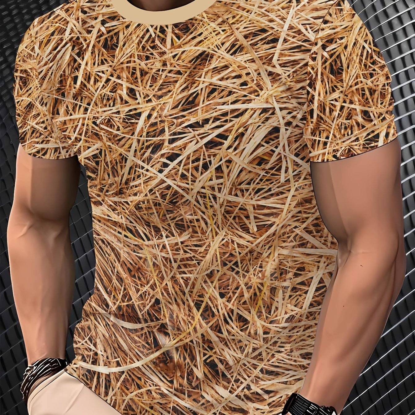 TEMU Men's T-shirt With Simulated Hay Texture Print, Round Neck, Casual , Short Sleeves, Trendy And Unique Top