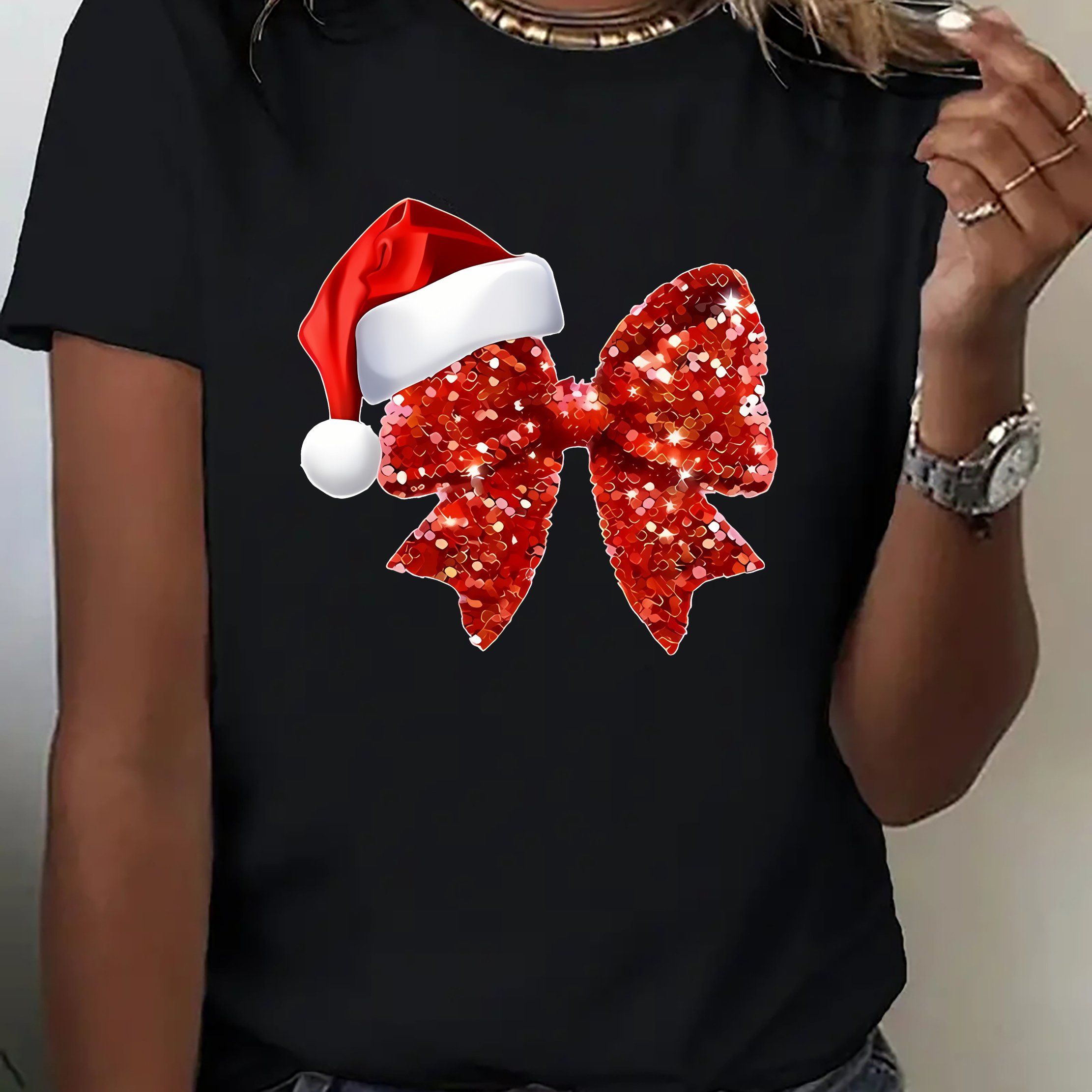 TEMU Women's Bow & Christmas Hat Print T-shirt - Casual Sporty Round Neck Short Sleeve Blouse - Fabric Suitable For Wear & Layering Pieces - Machine