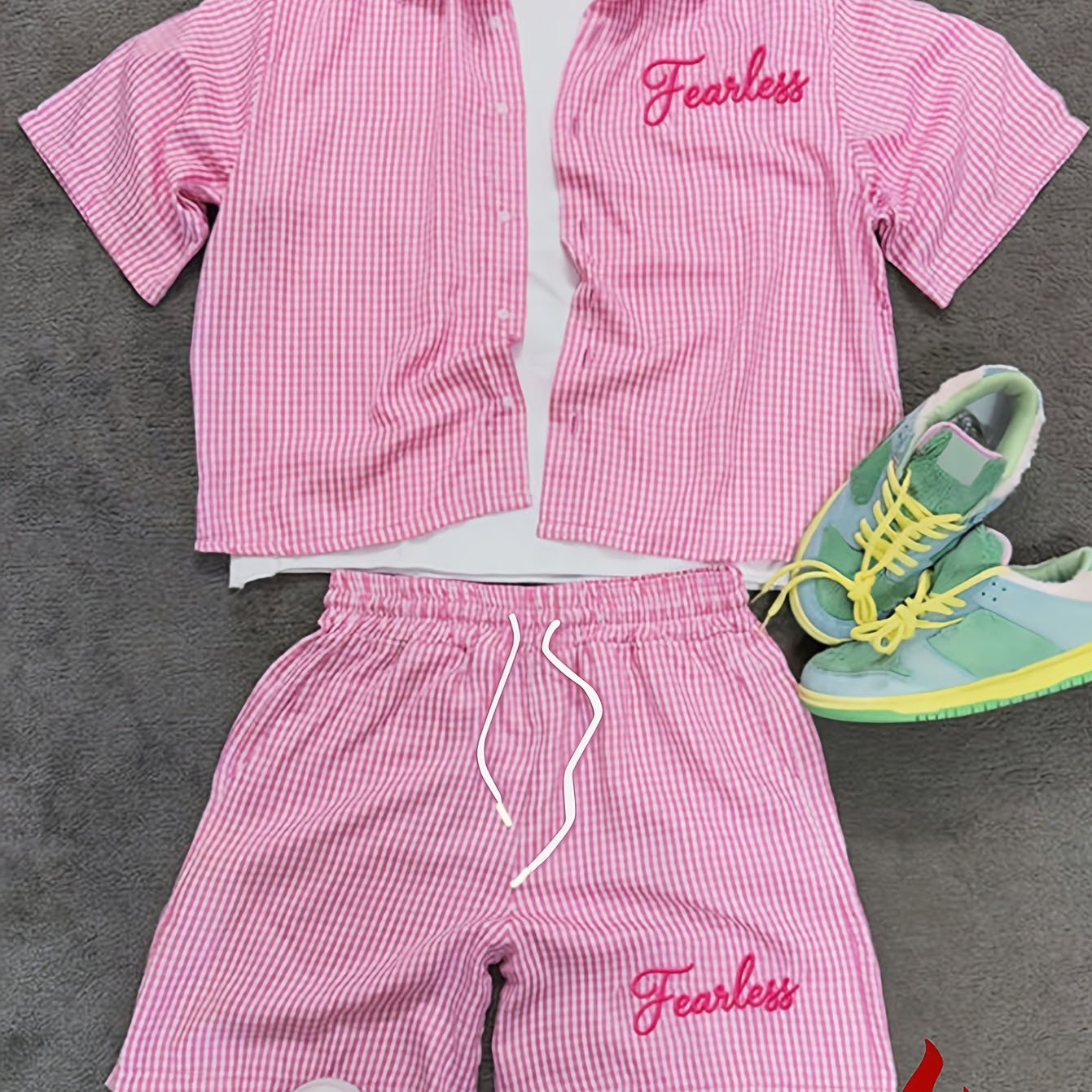 TEMU Men's Casual Letter Front Button Short Sleeve Shirt And Shorts Set, Summer, Men's Summer 2pcs Set, Pink [printed Design - Not Textured], Plus